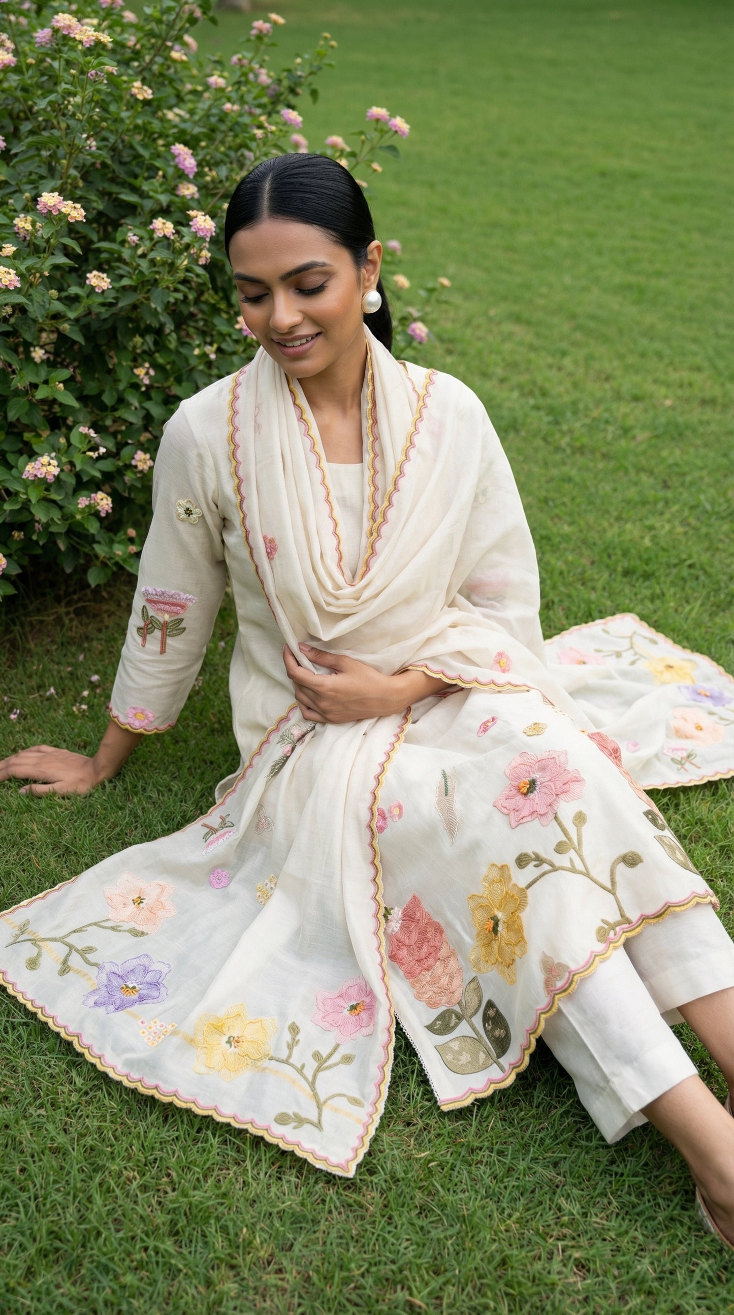 Ivory 3D Applique Mul mul Stitched Suit Set