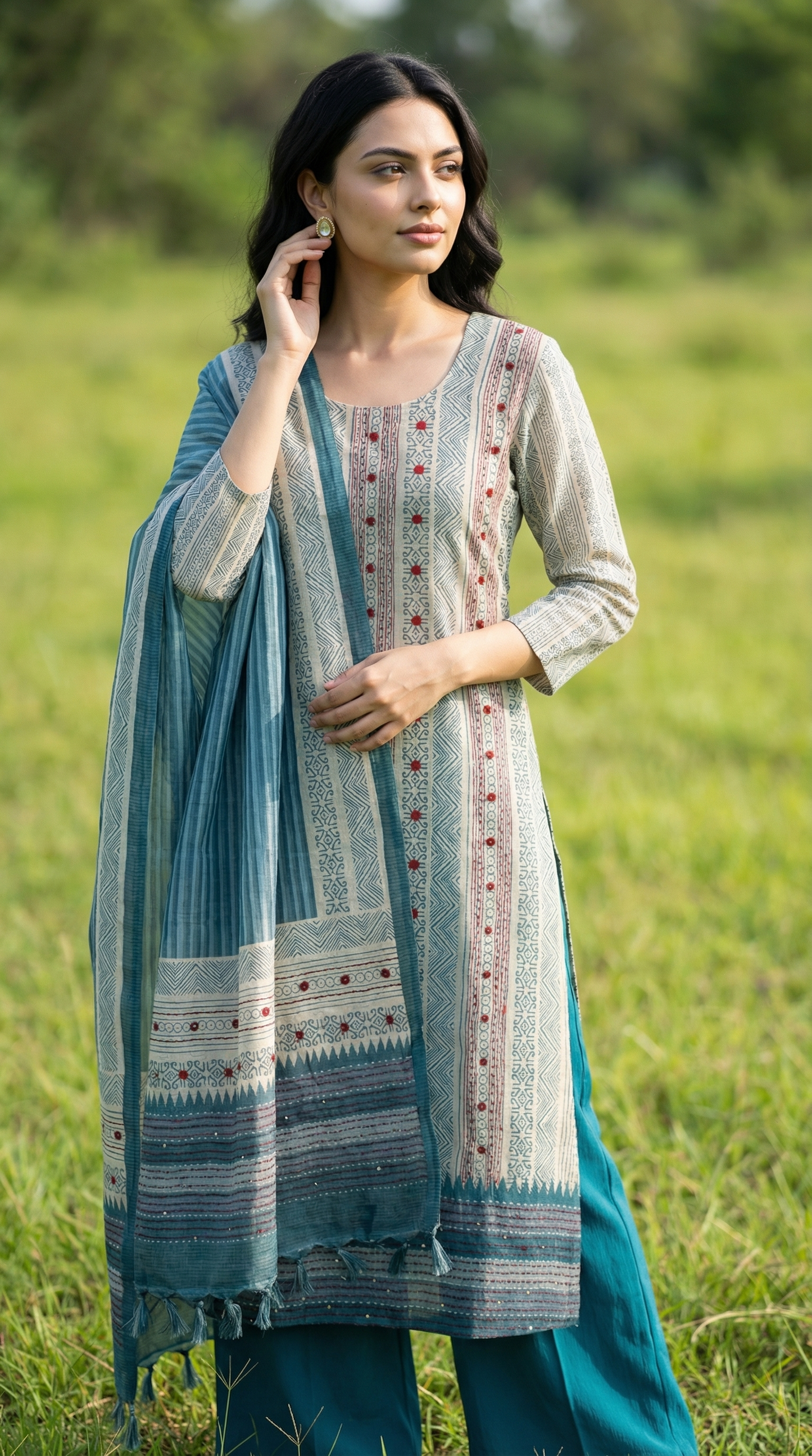 Resham Embroidery Blue Jute Cotton Stitched Suit Set