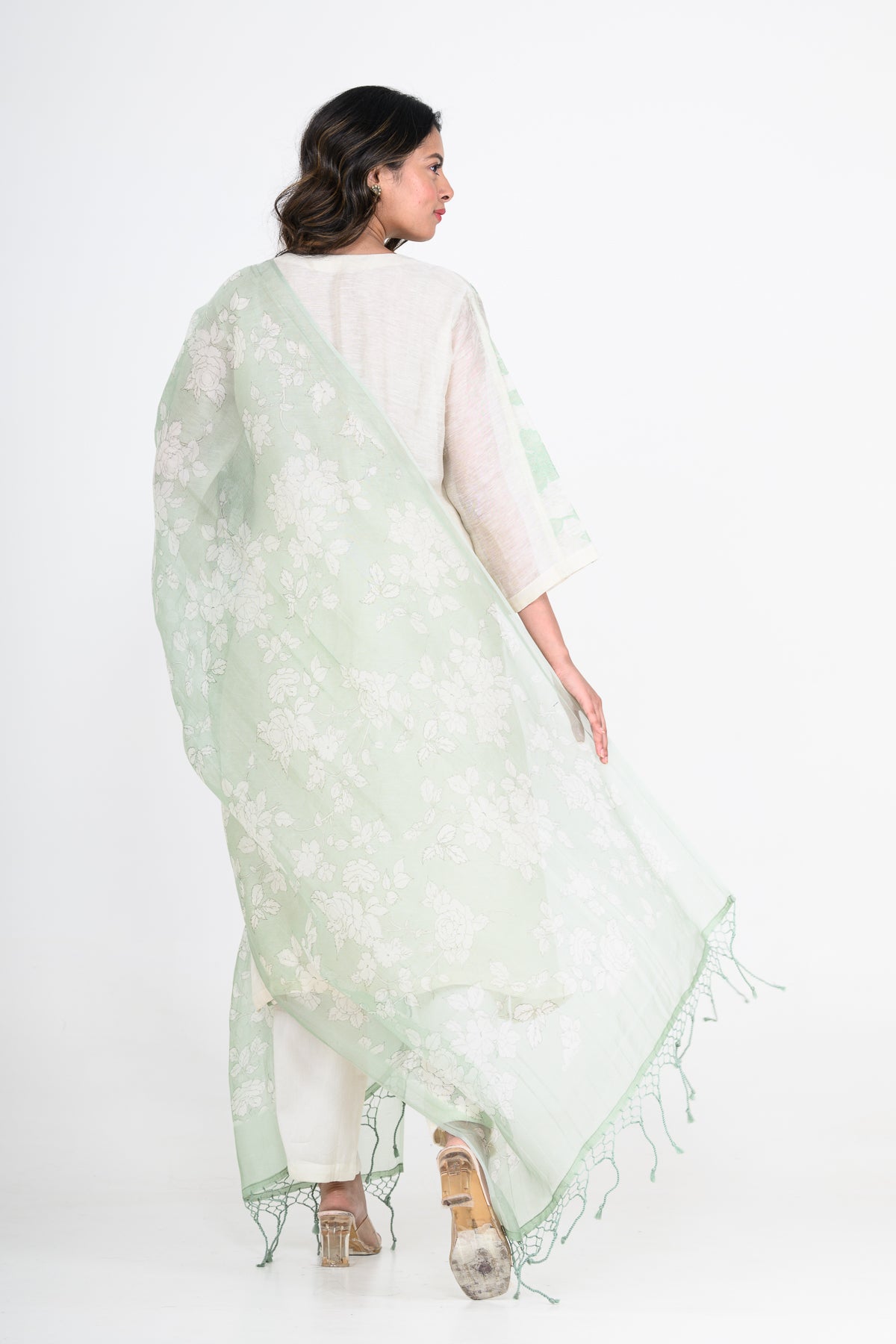 Green Printed Pure Mulmul Kurta Set with Appliques