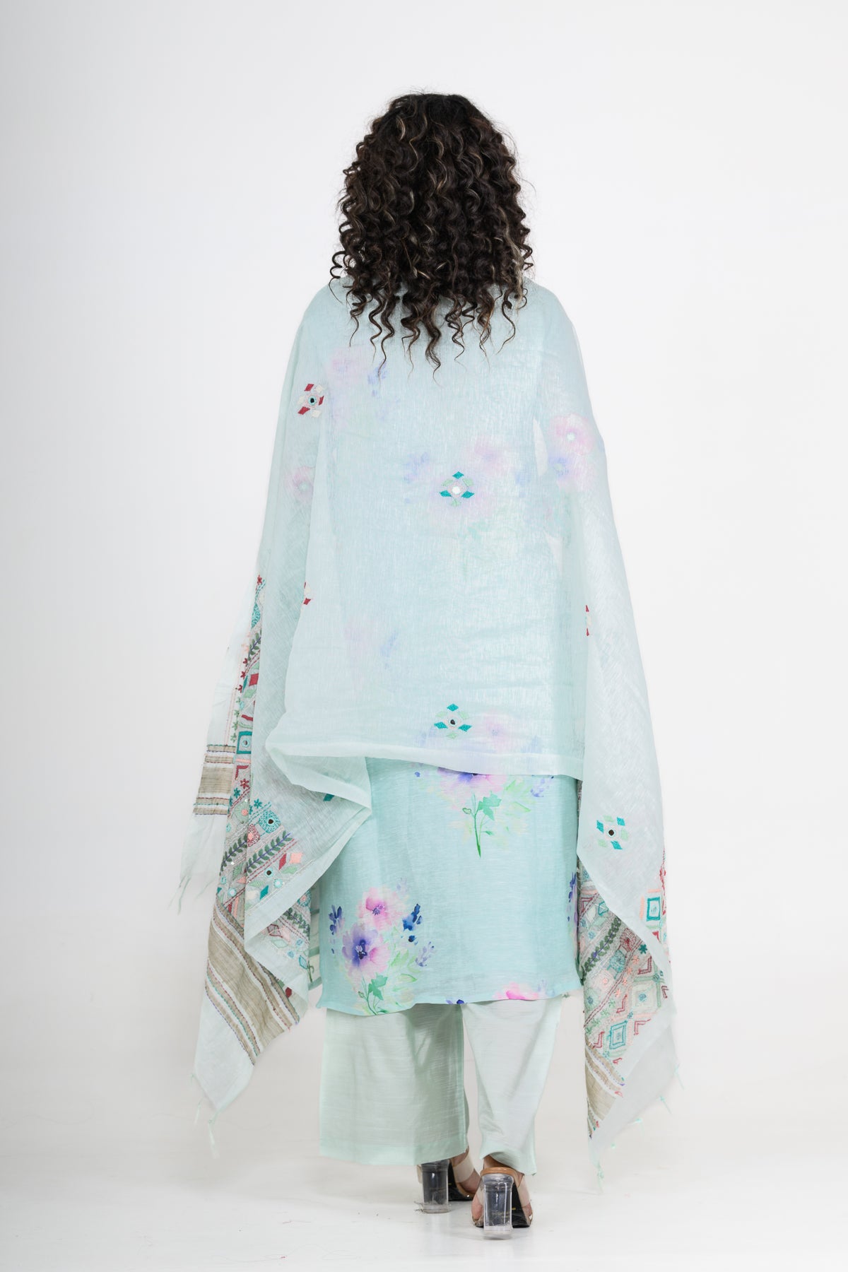 Sky Blue Pure Linen Kurta Set with Katha & Mirror Highlight