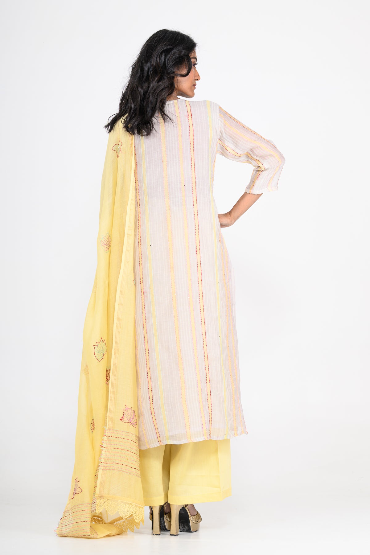 Yellow Printed Pure Mulmul Kurta Set & Dupatta with Katha Embroidery