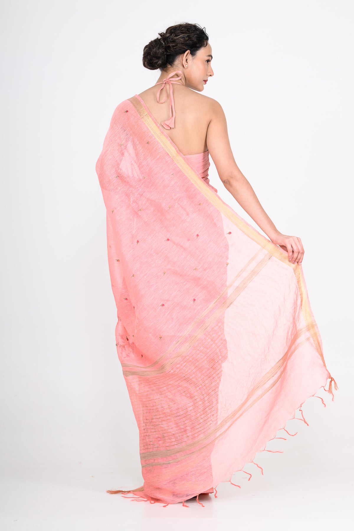 Parsi Embroidered Pink Pure Linen Saree