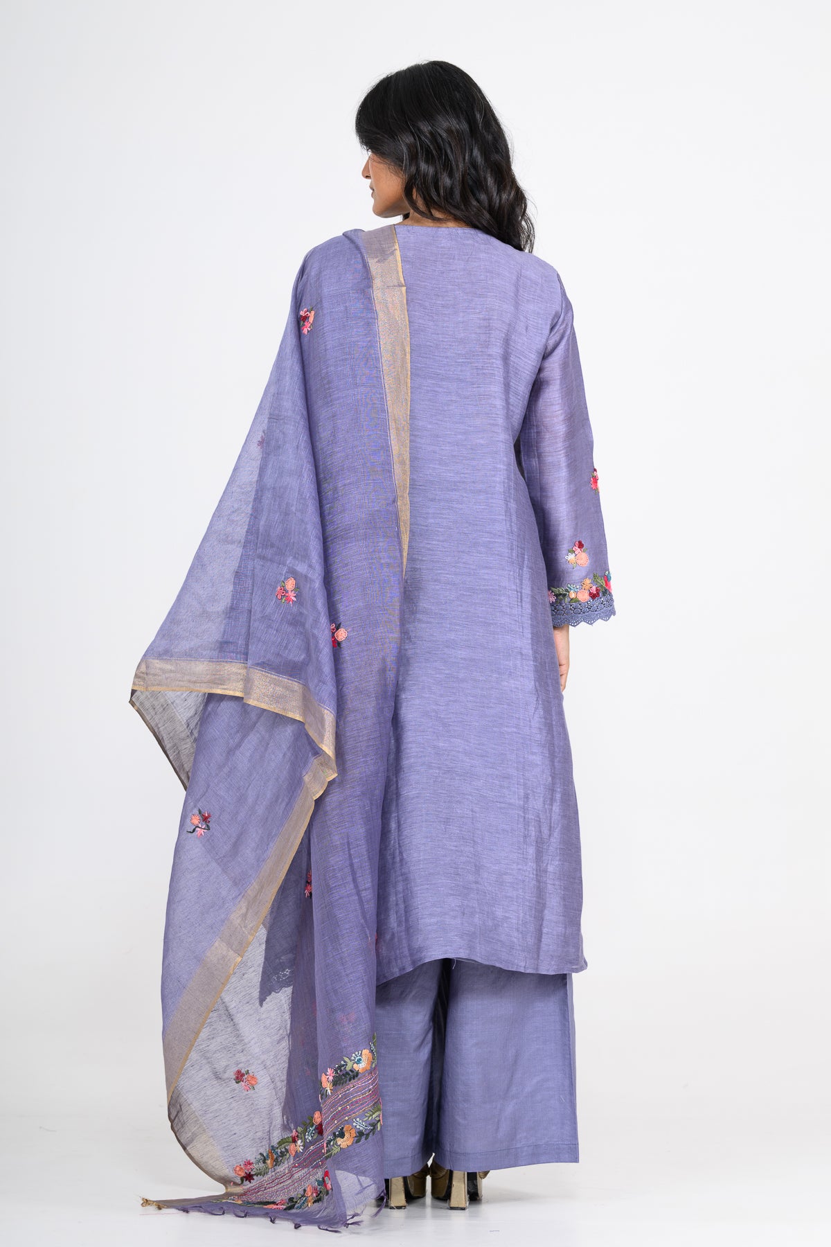Resham Embroidered Deep Blue Pure Linen Kurta Set & Dupatta