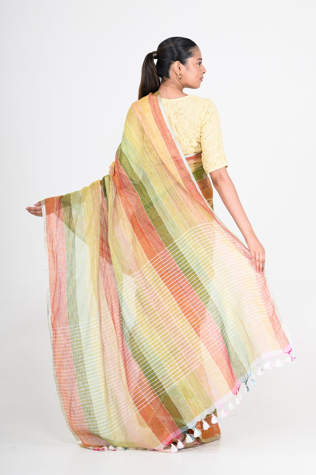 Multicolored Handwoven Striped Pure Linen Saree