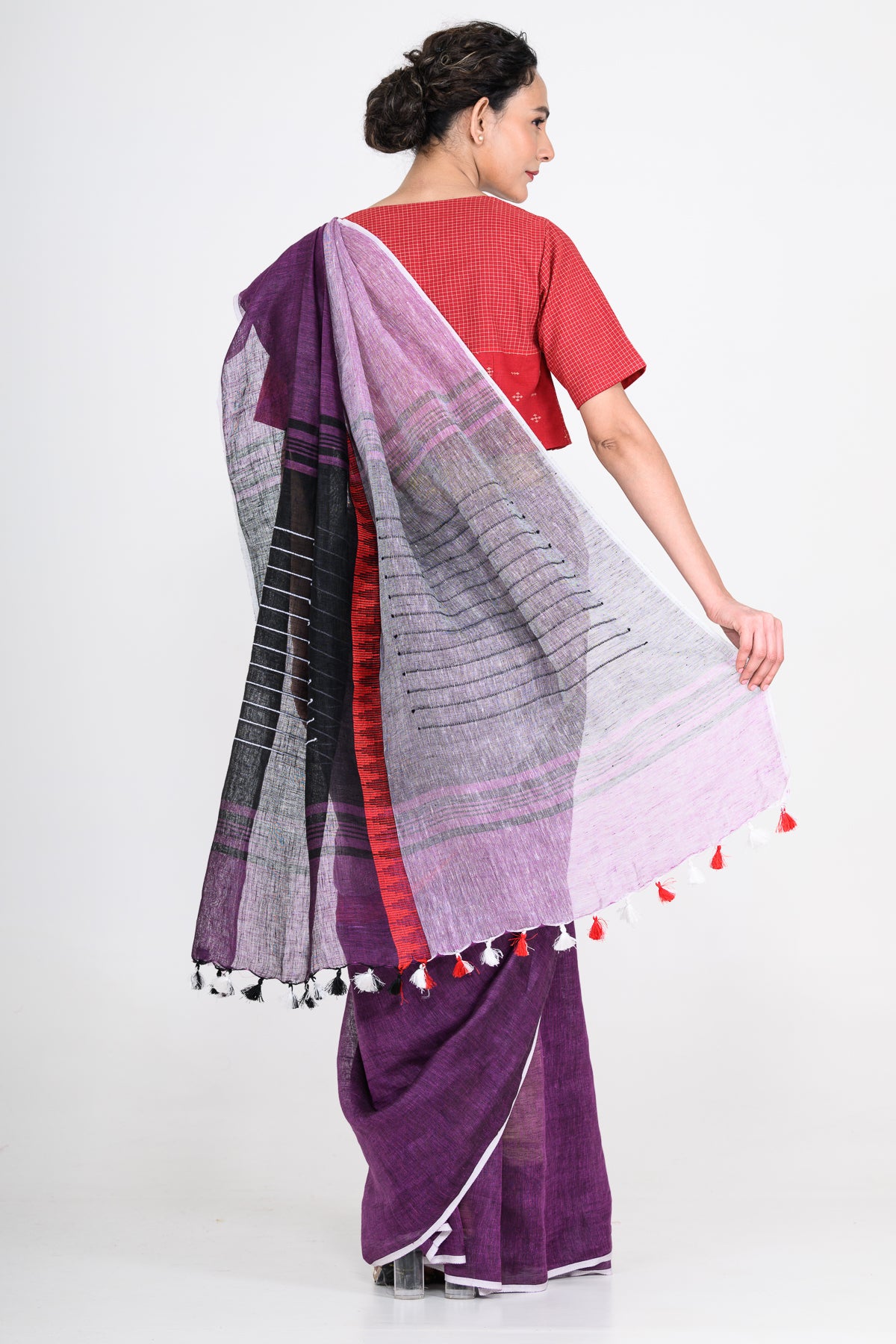 Purple Handwoven Striped Pure Linen Saree