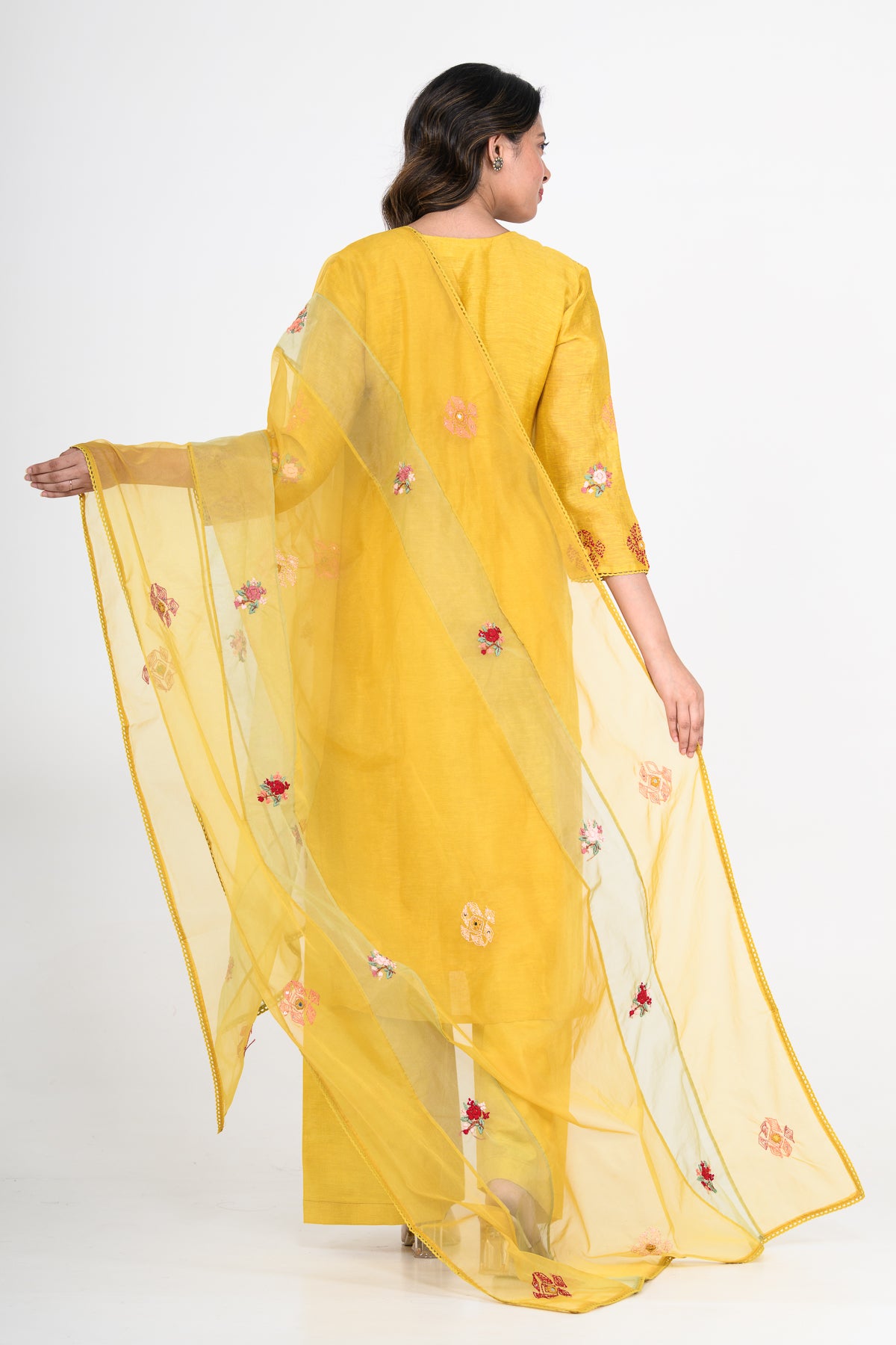 Pure Linen Mustard Yellow Kurta Set & Dupatta with Katha Work