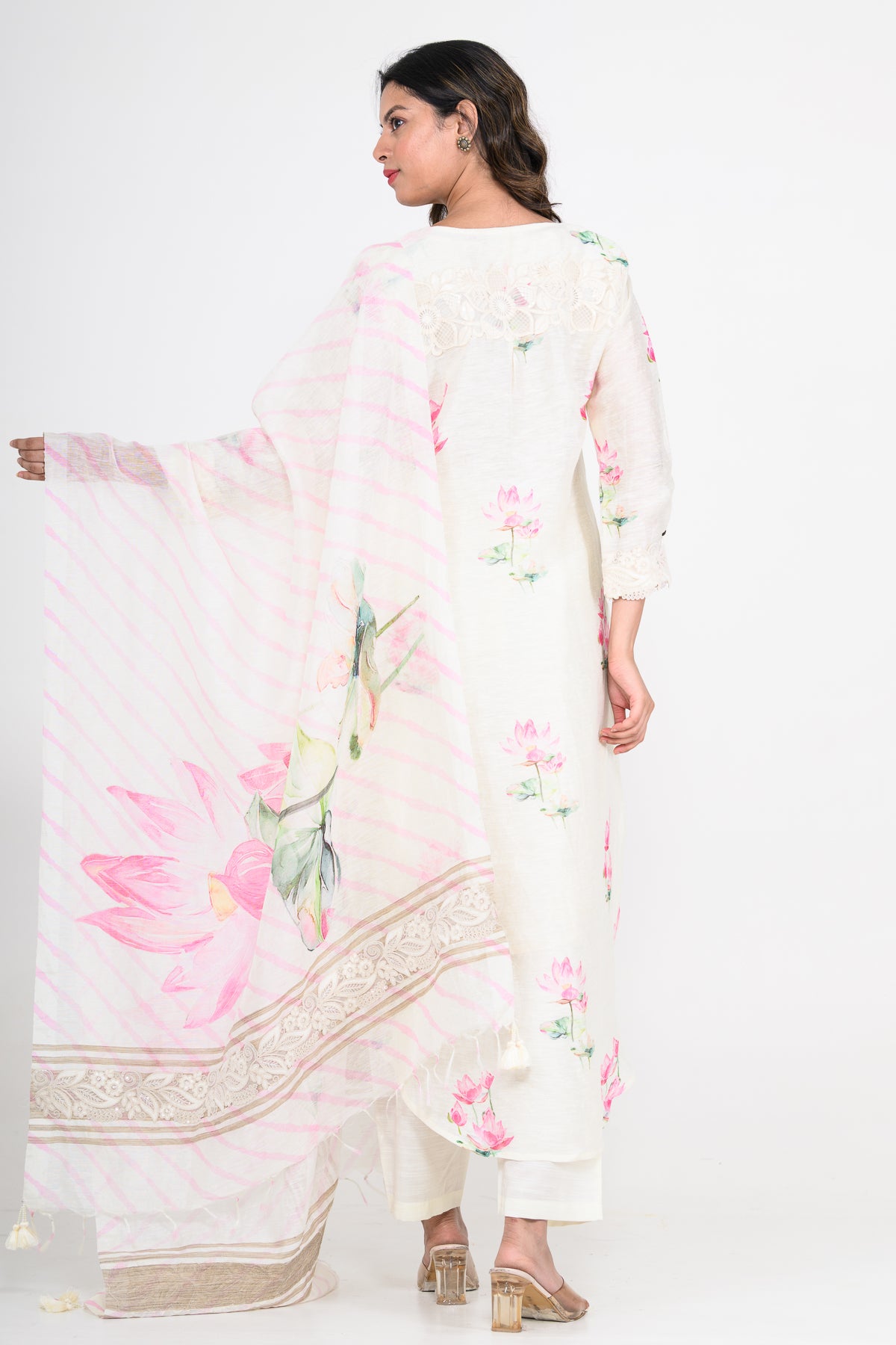 Floral Printed Pure Linen Off White Kurta Set with Dupatta