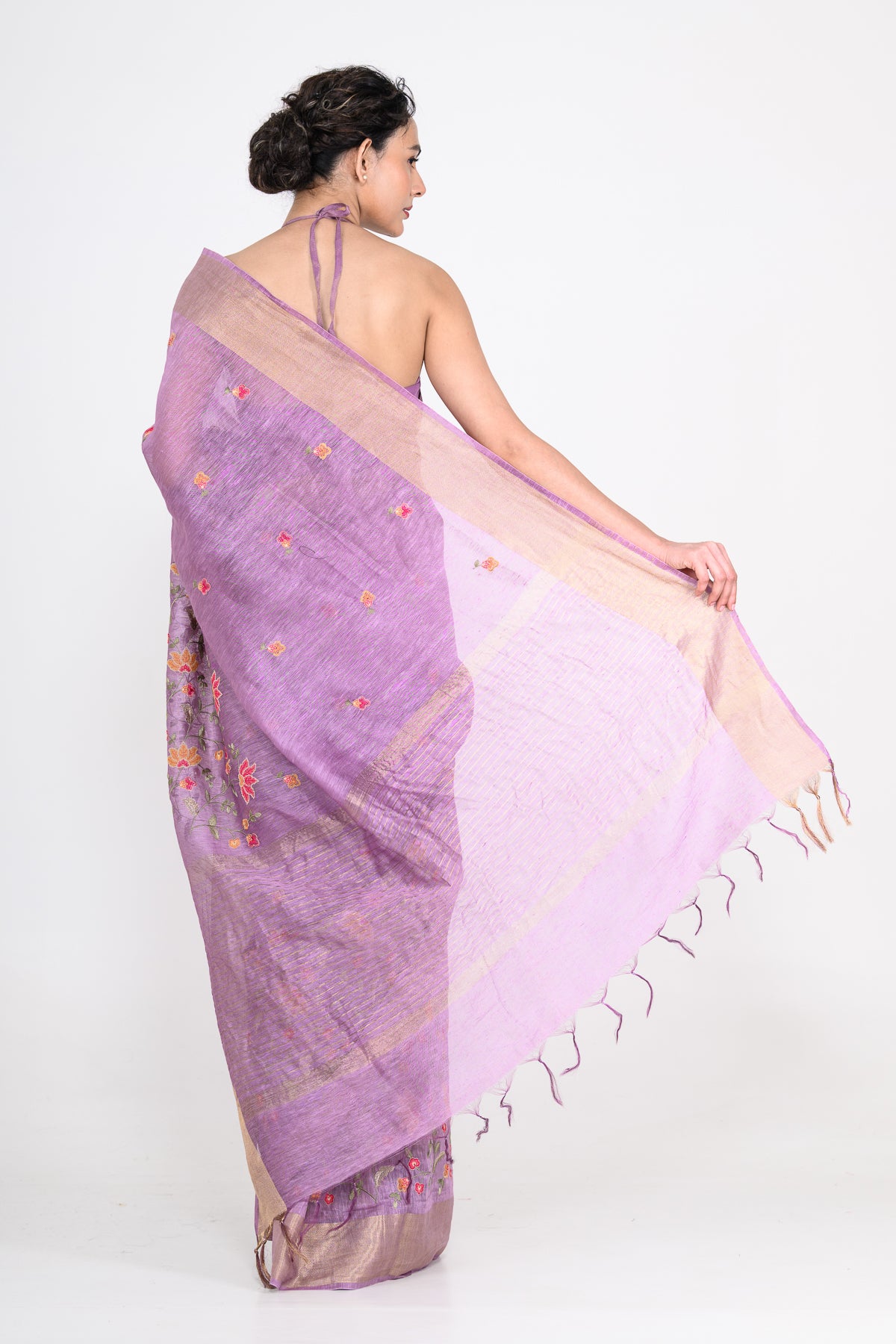 Parsi Embroidered Purple-Gold Pure Linen Saree