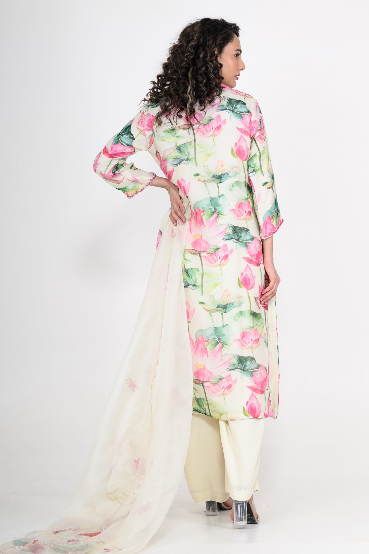 White & Pink Organza Kurta Set with Applique & Hand Embroidery