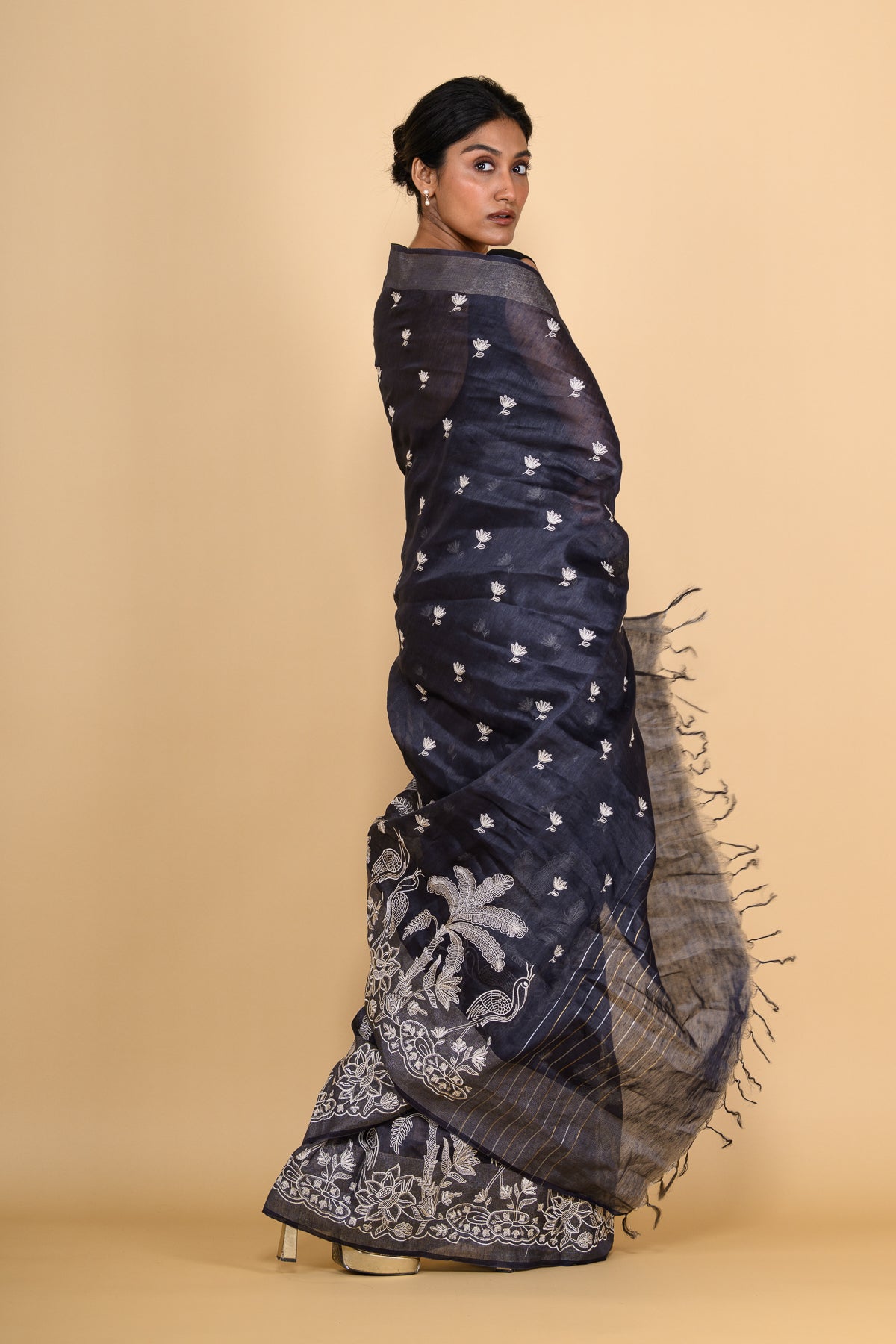 Deep Blue Hand Embroidered Pure Linen Saree