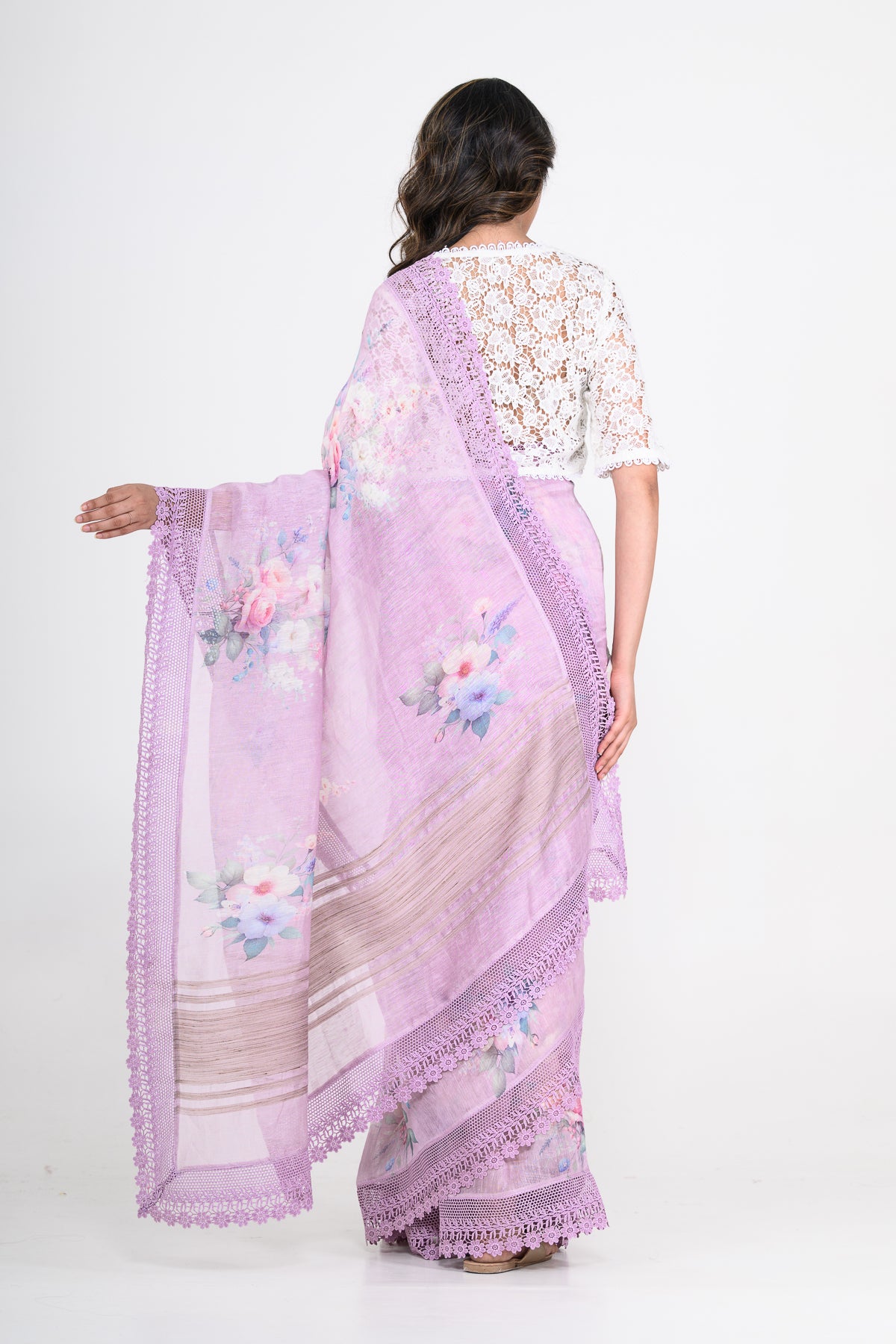 Lavender Purple Floral Printed Pure Linen Saree