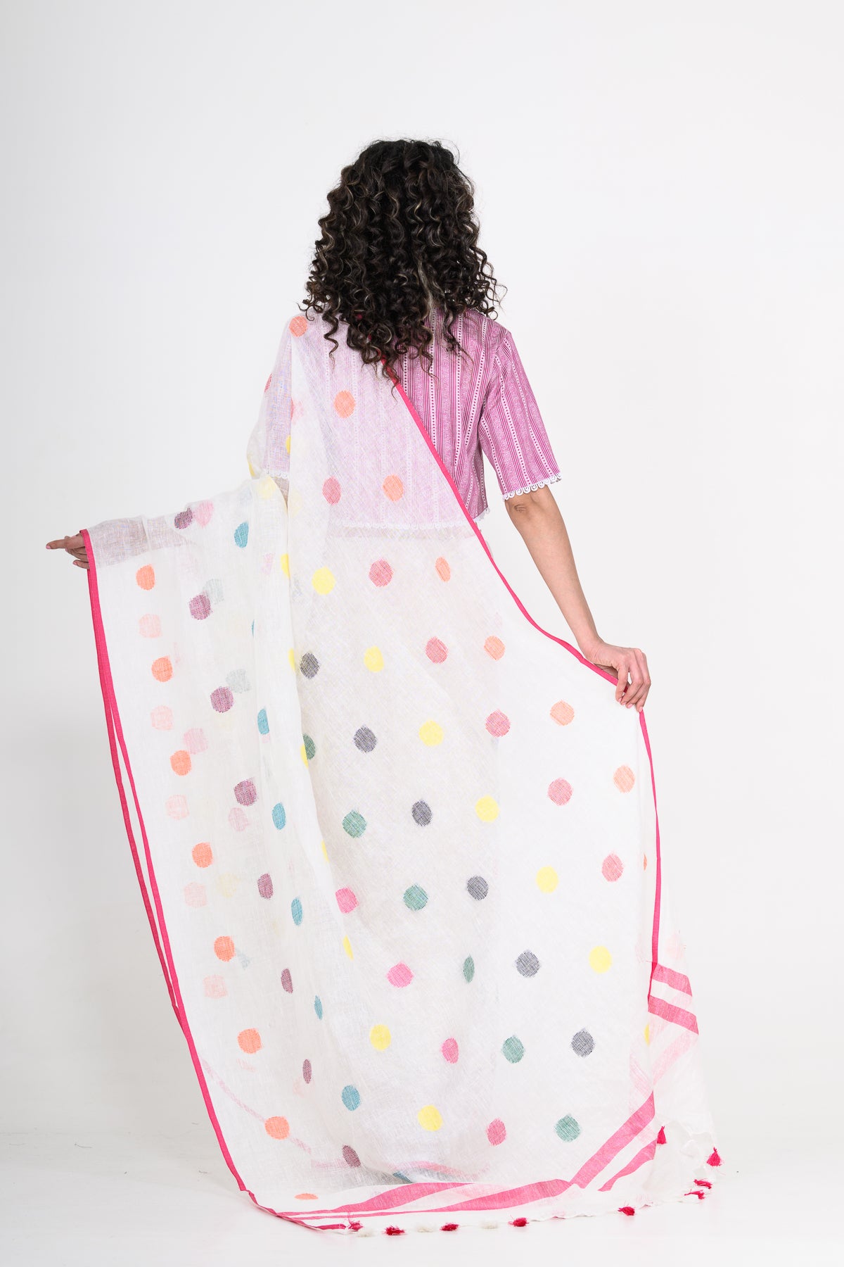 Off White Pure Linen Polka Dot Handwoven Saree