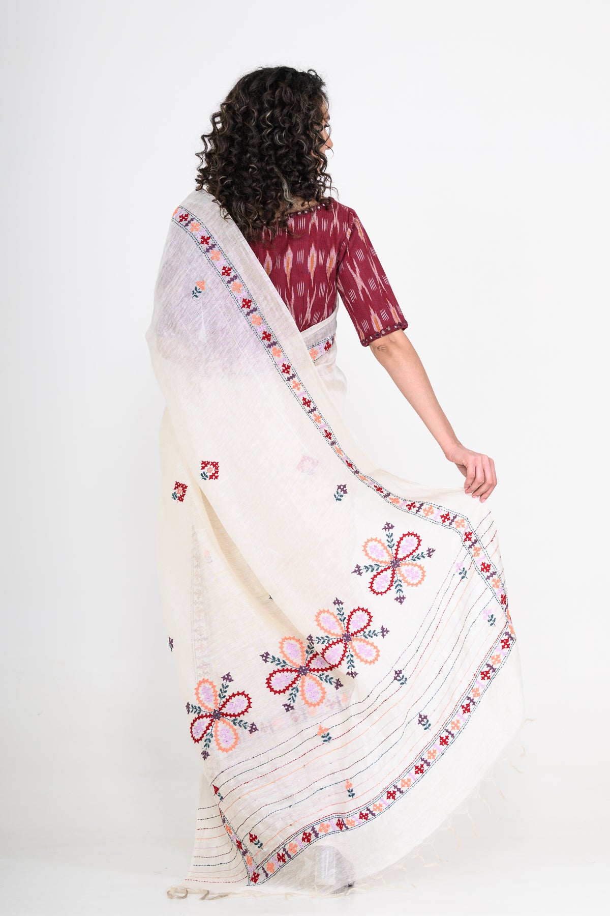 Pure Linen White Saree with Thread Work