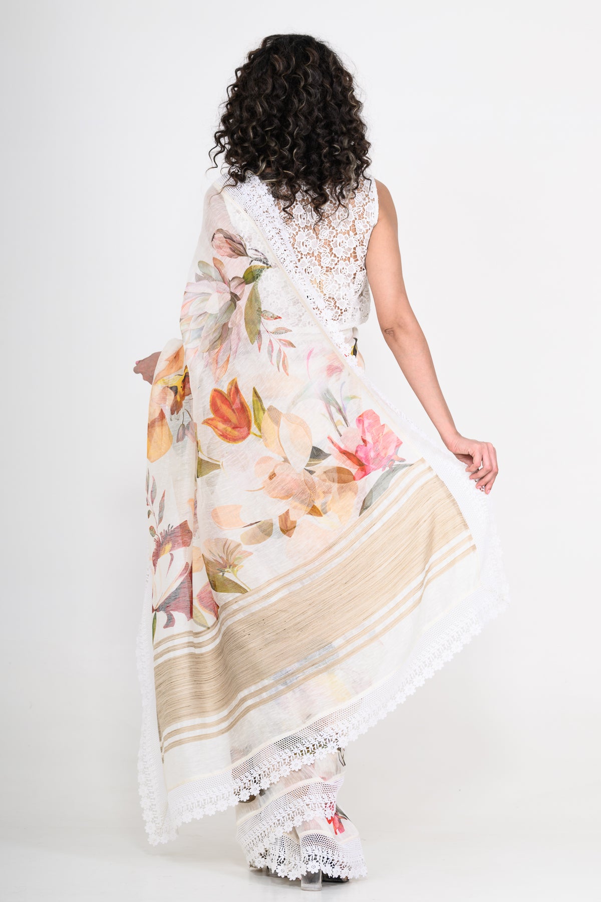 Graceful Off White Floral Printed Pure Linen Saree