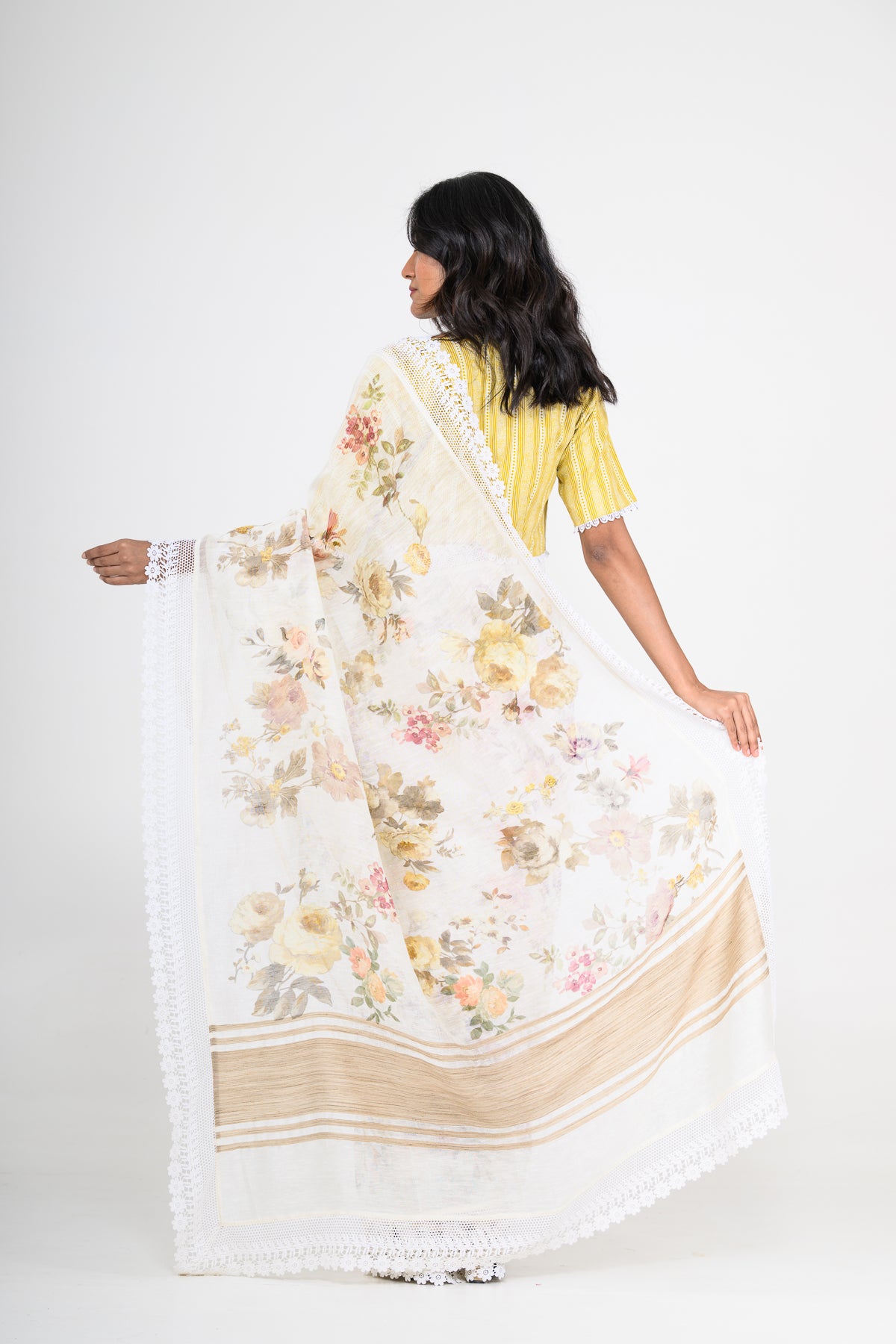 White Floral Printed Pure Linen Saree with Lace Work