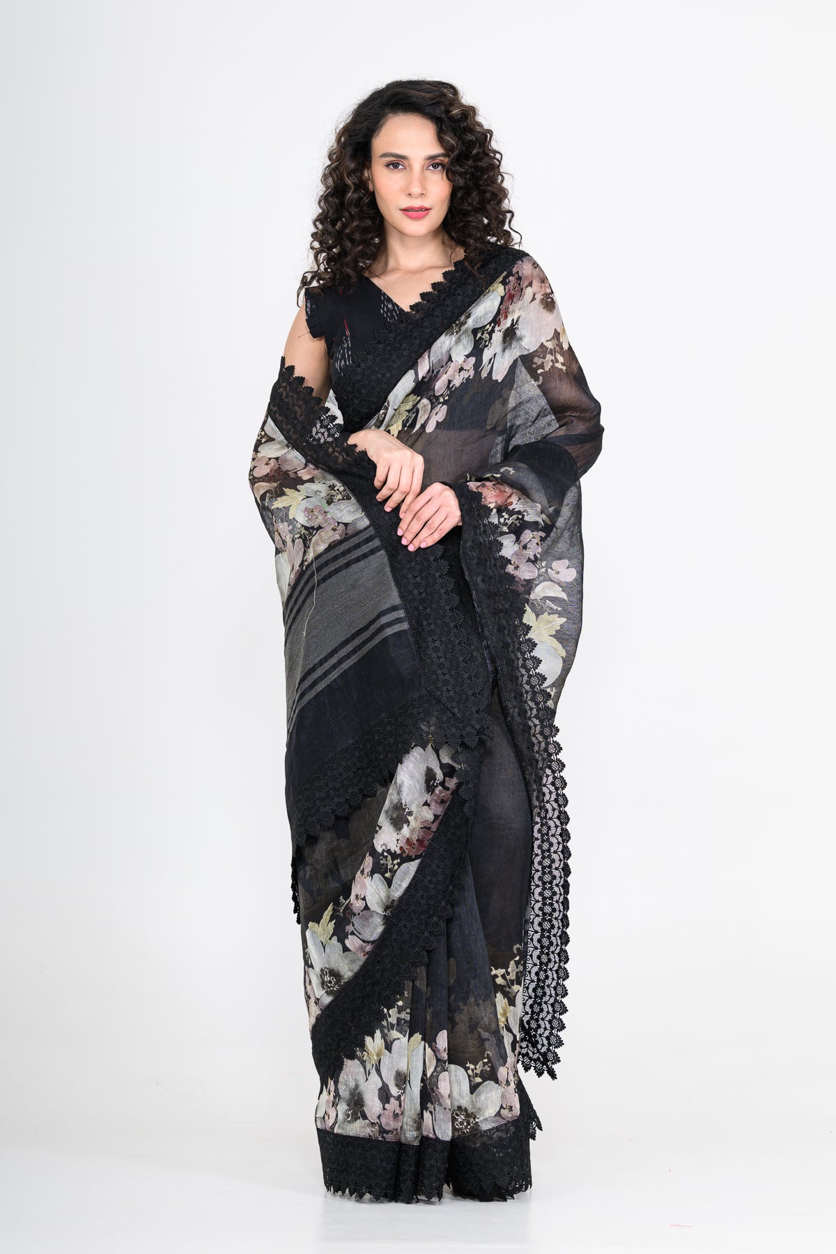 Floral Printed Pure Linen Black Saree