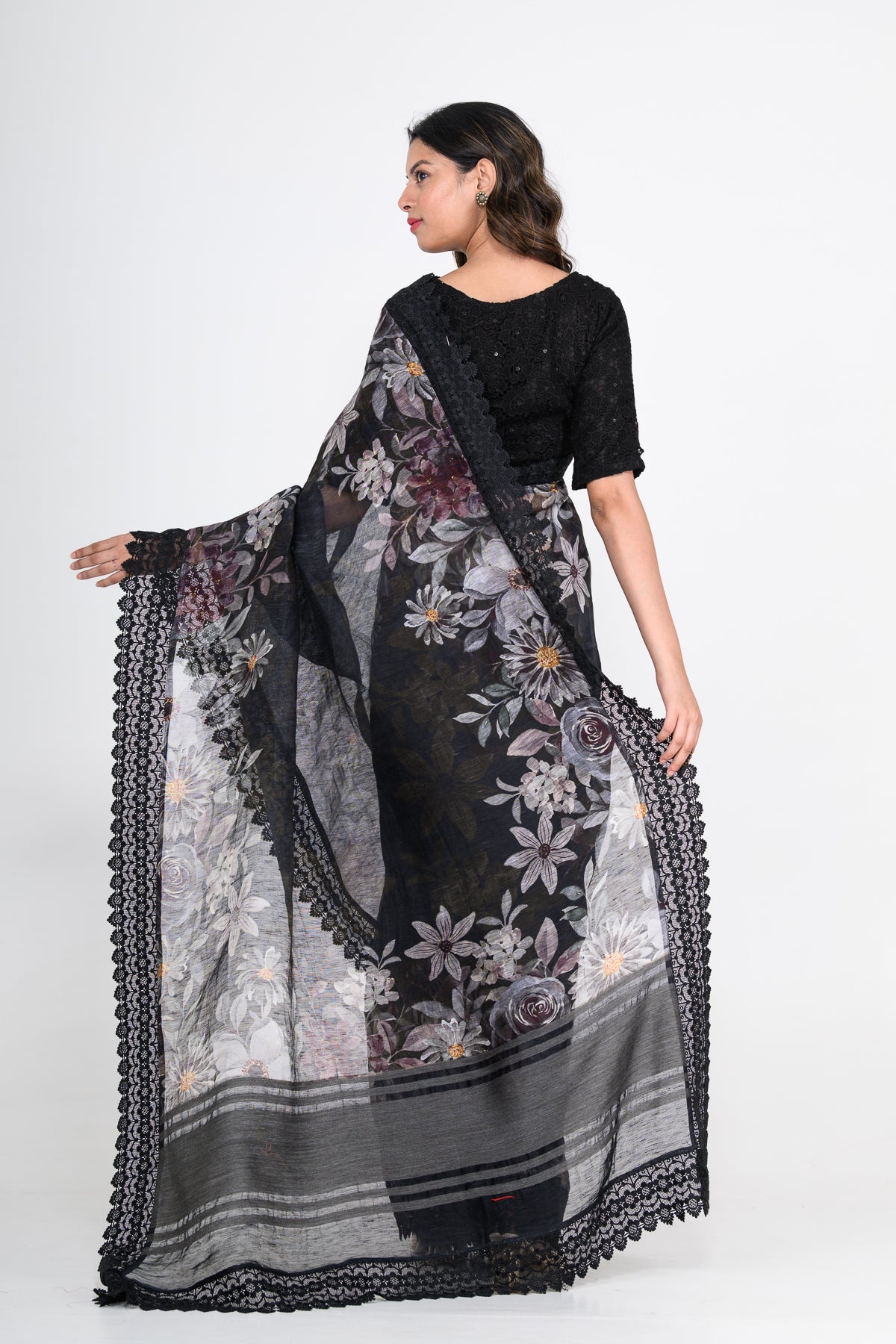 Floral Printed Pure Linen Black Saree with Lace Work