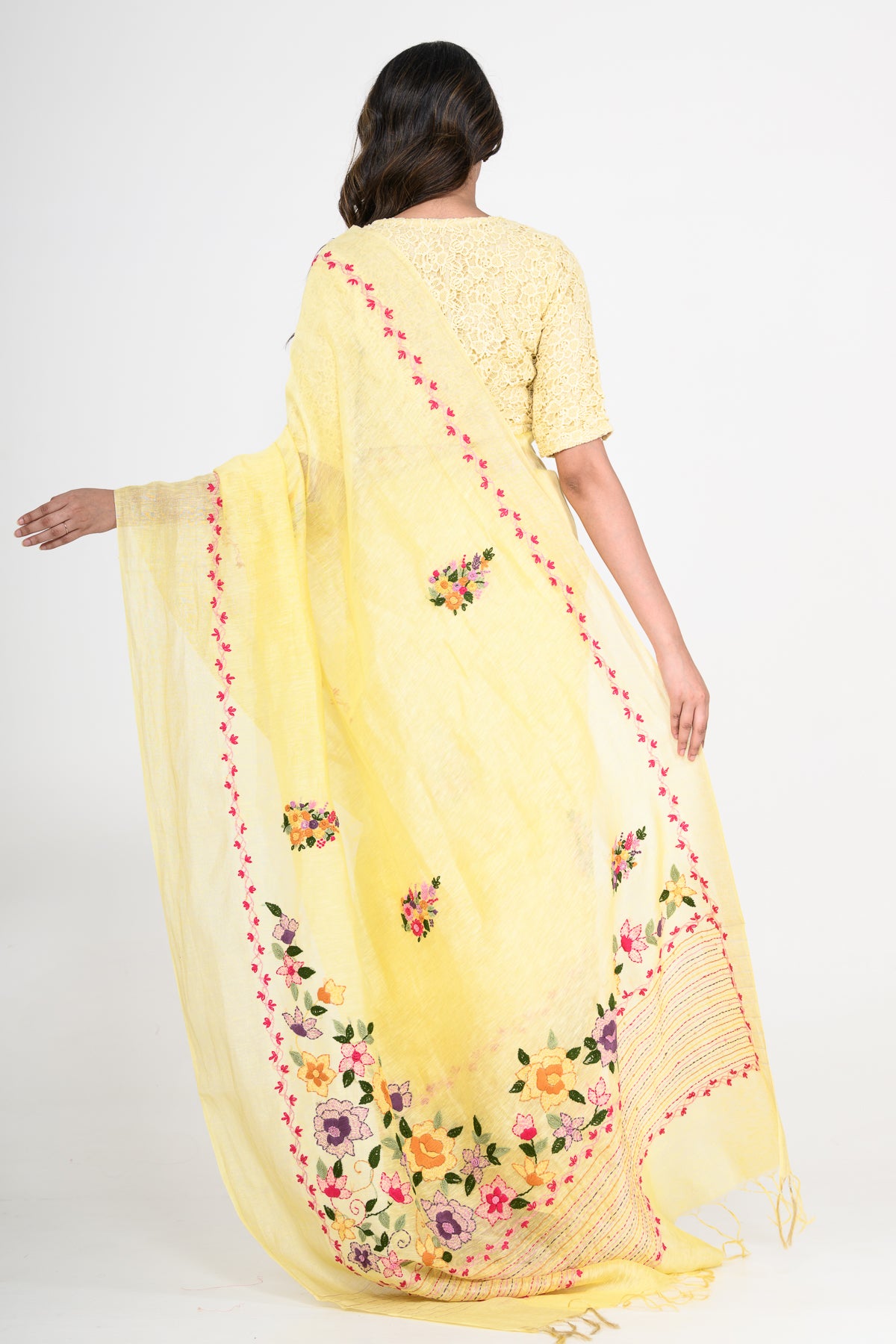 Yellow Pure Linen Saree with Tikki & Thread Work