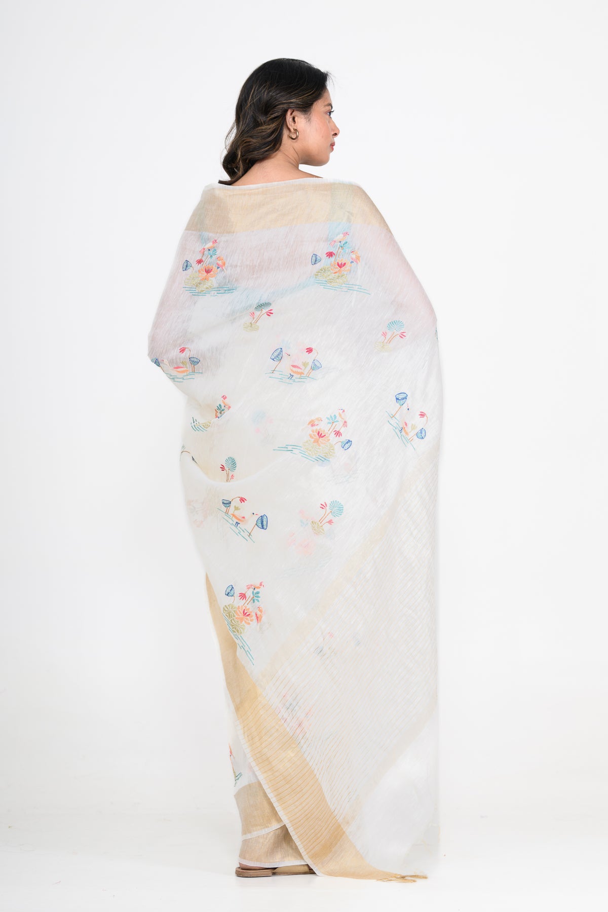 White-Gold Dual Tone Floral Printed Pure Linen Saree