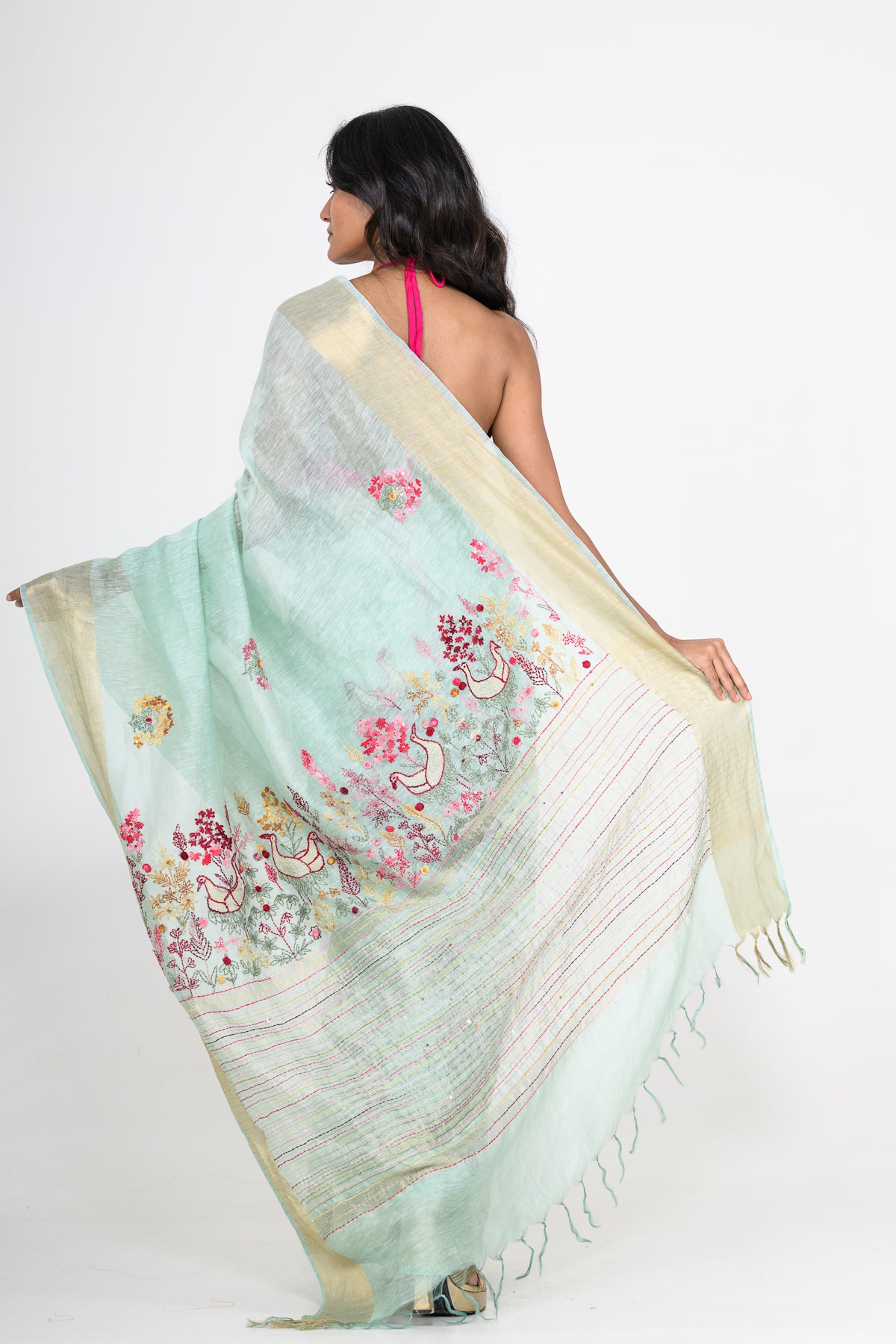 Light Green Pure Linen Saree with Tikki & Thread Work