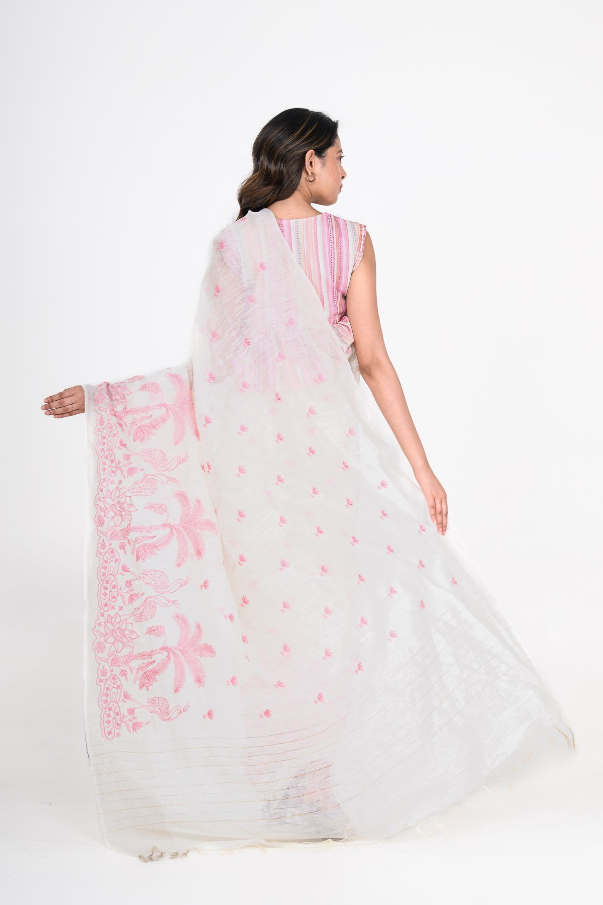 White-Pink Dual Tone Printed Pure Linen Saree