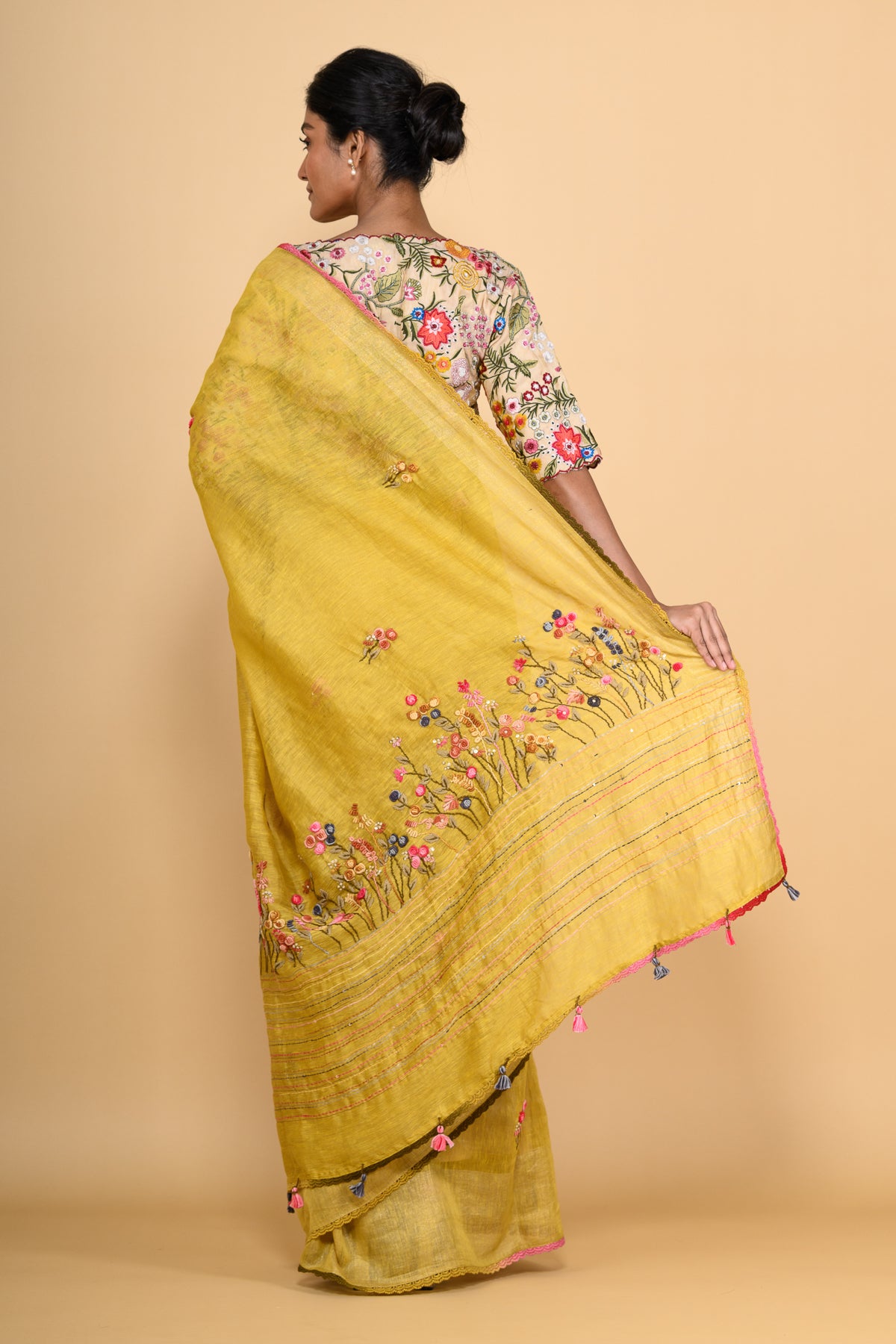 Topaz Yellow Pure Linen Saree with Thread Work