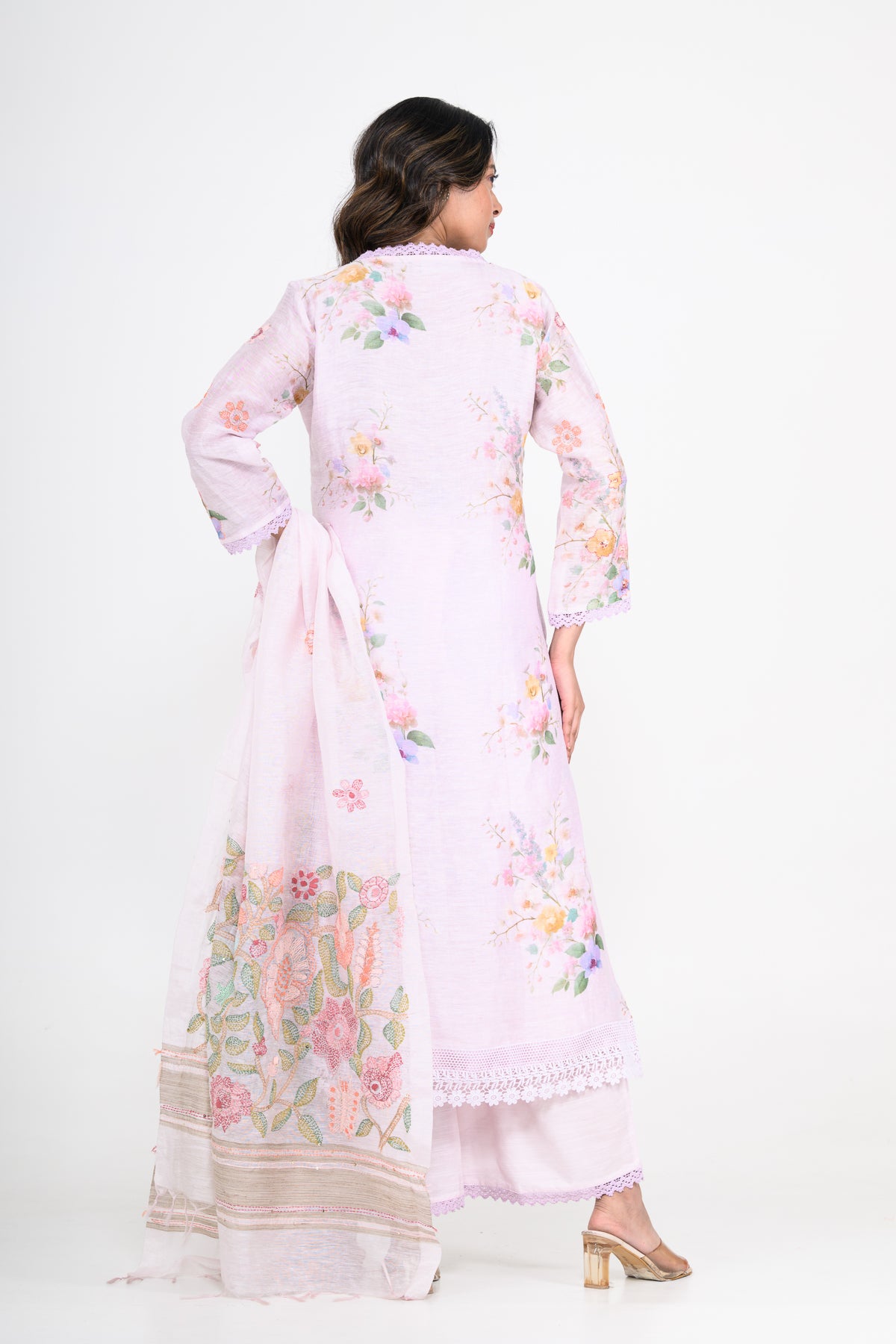 Lavender Purple Pure Linen Printed Kurta Set with Katha Work