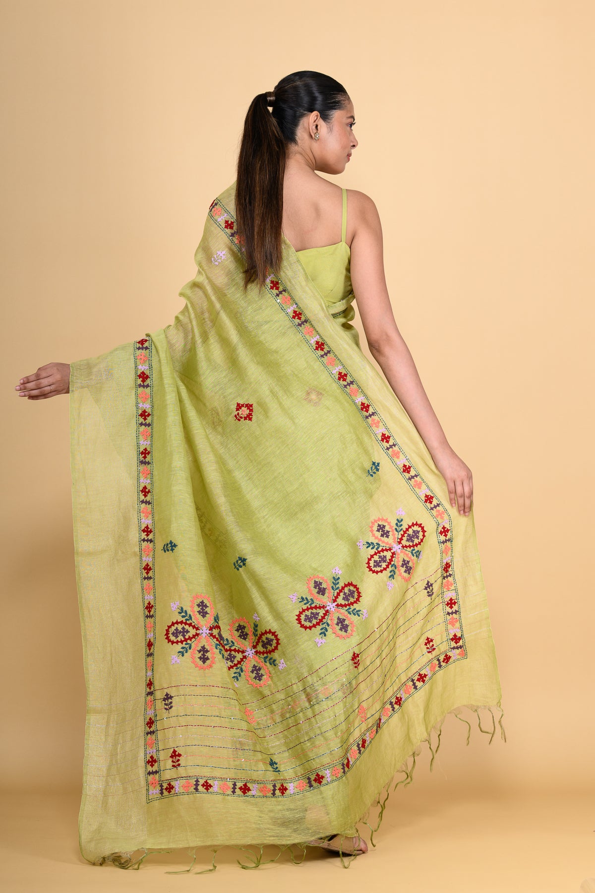 Leaf Green Pure Linen Saree with Thread Work