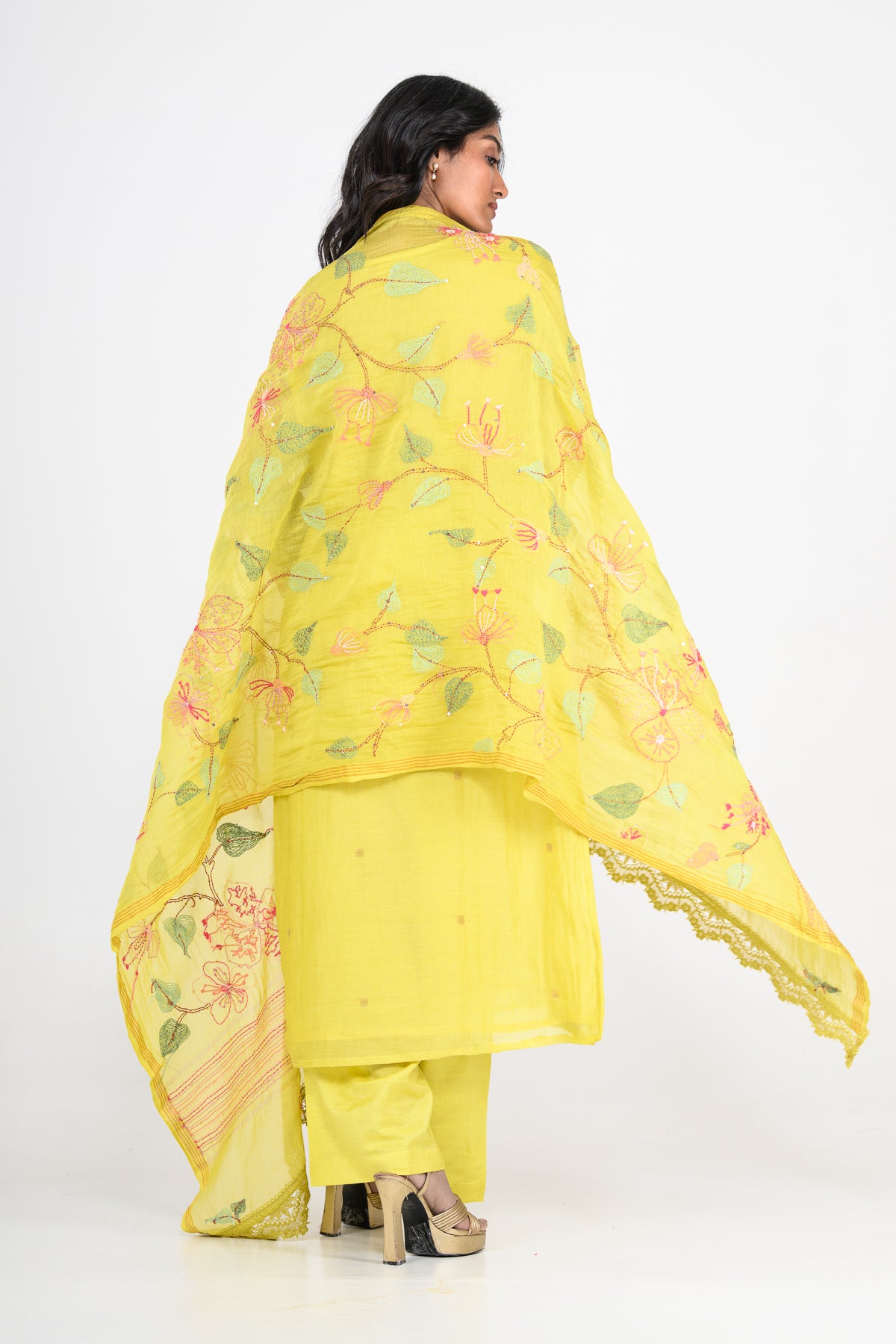Sunshine Yellow Pure Mulmul Kurta Set & Dupatta with Katha Work