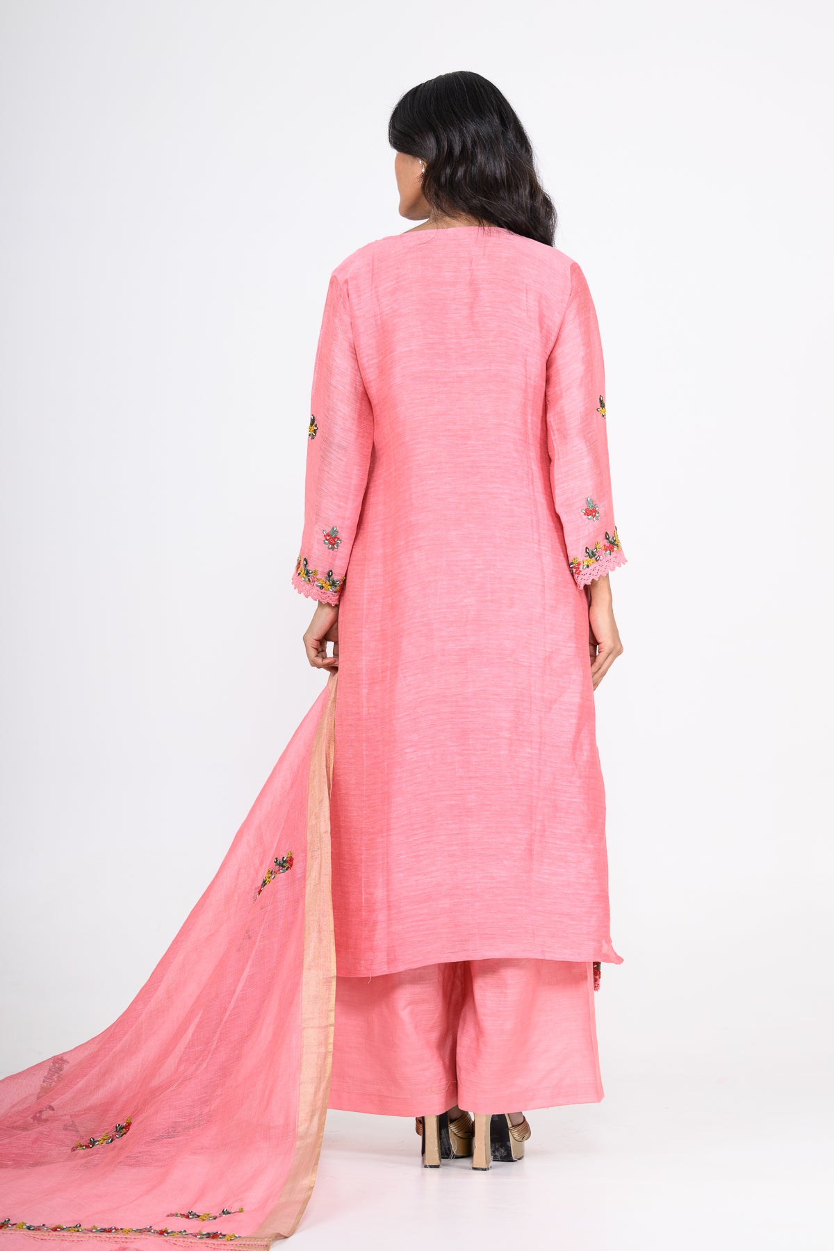 Pink Thread Embroidered Pure Linen Kurta Set & Dupatta