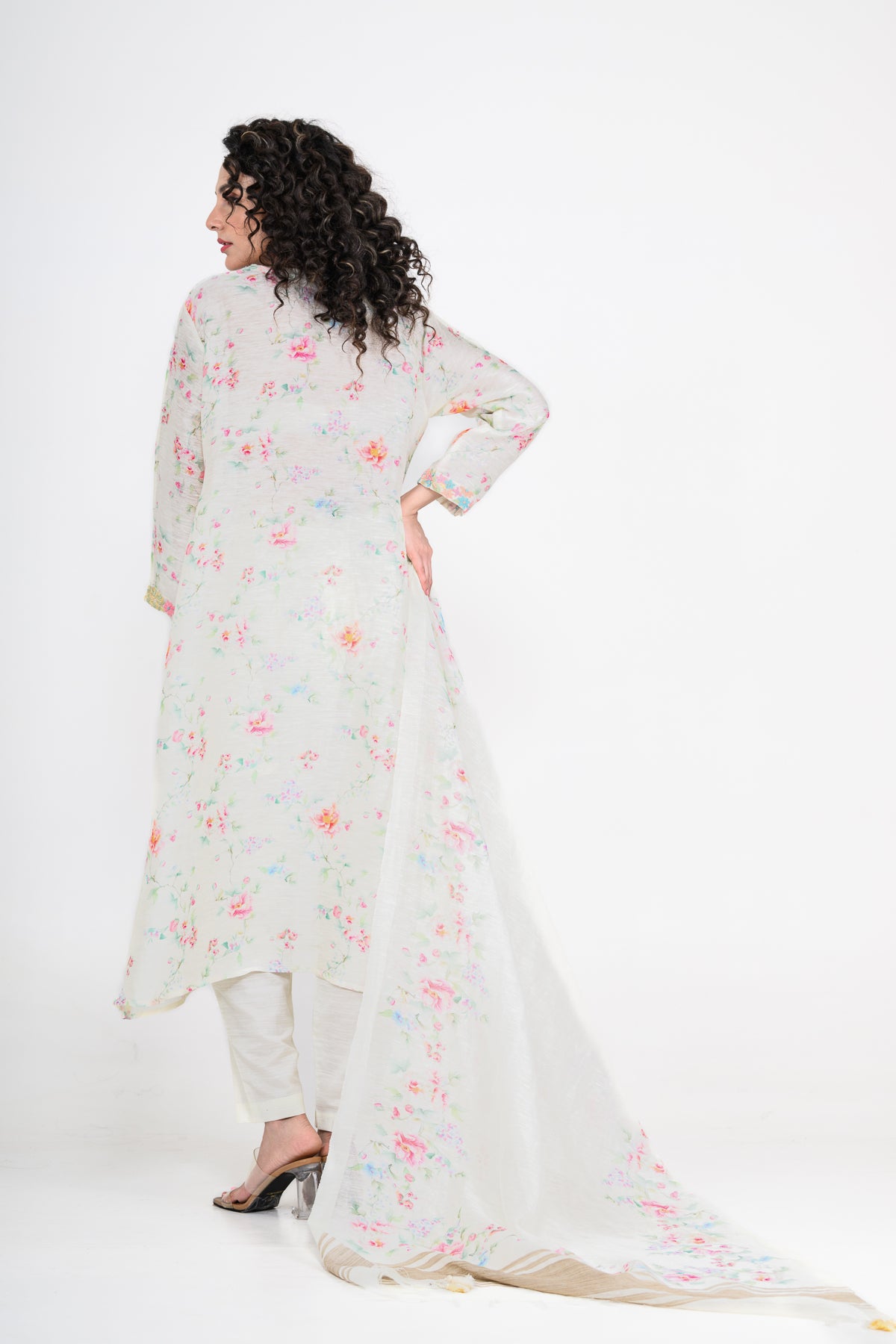 Floral Printed Pure Linen Off White Kurta Set with 3D Embroidery