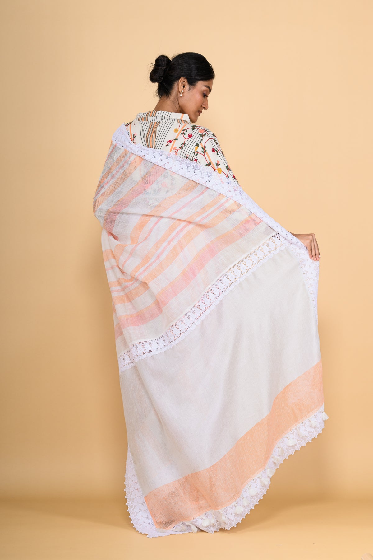 Peach Handwoven Jute Linen Saree