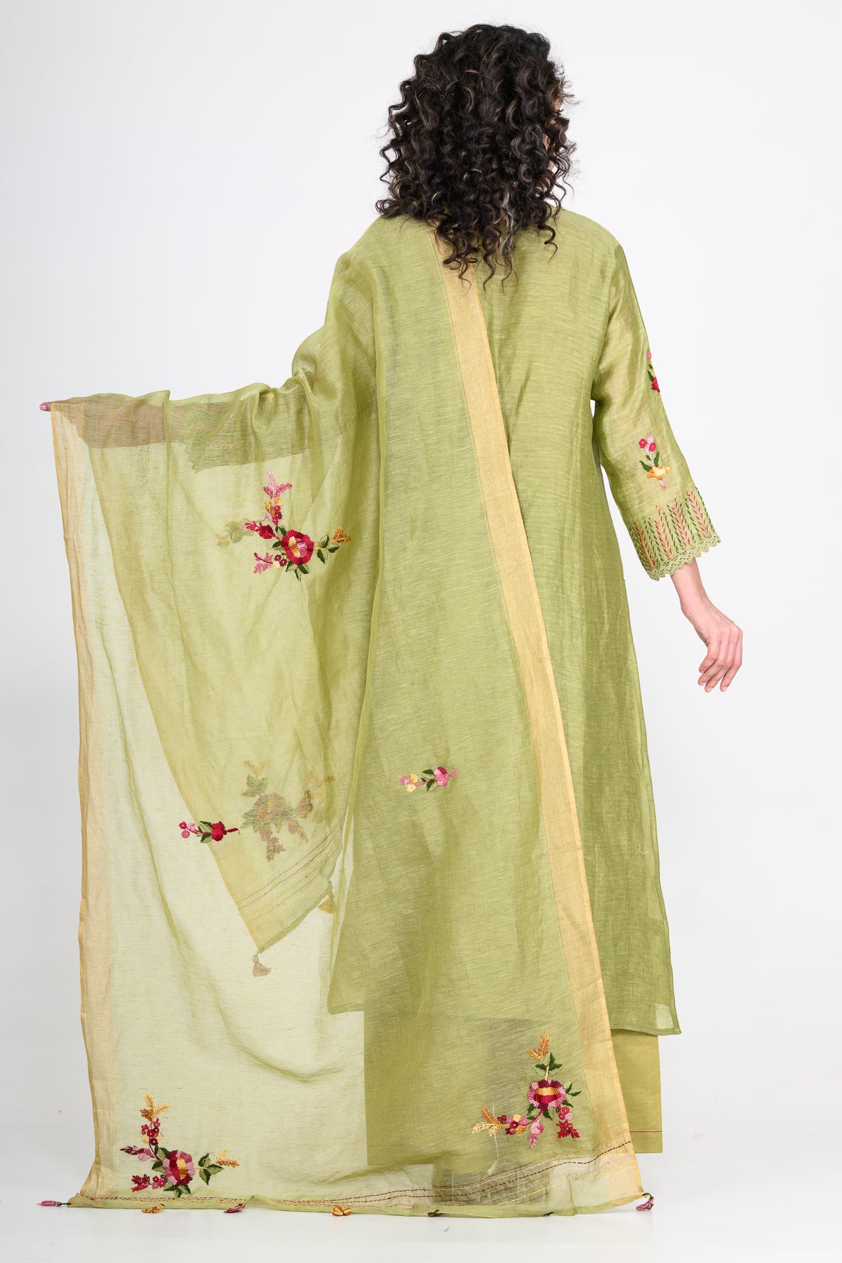 Leaf Green Thread Embroidered Pure Linen Kurta Set & Dupatta