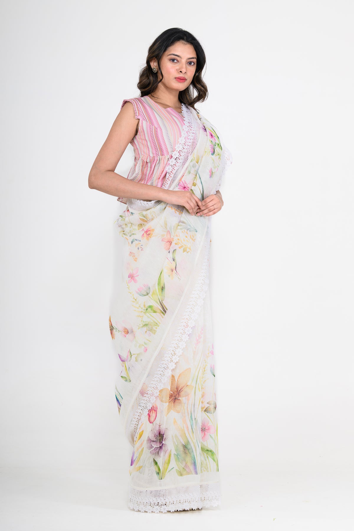 Floral Printed Off White Pure Linen Saree with Lace Work
