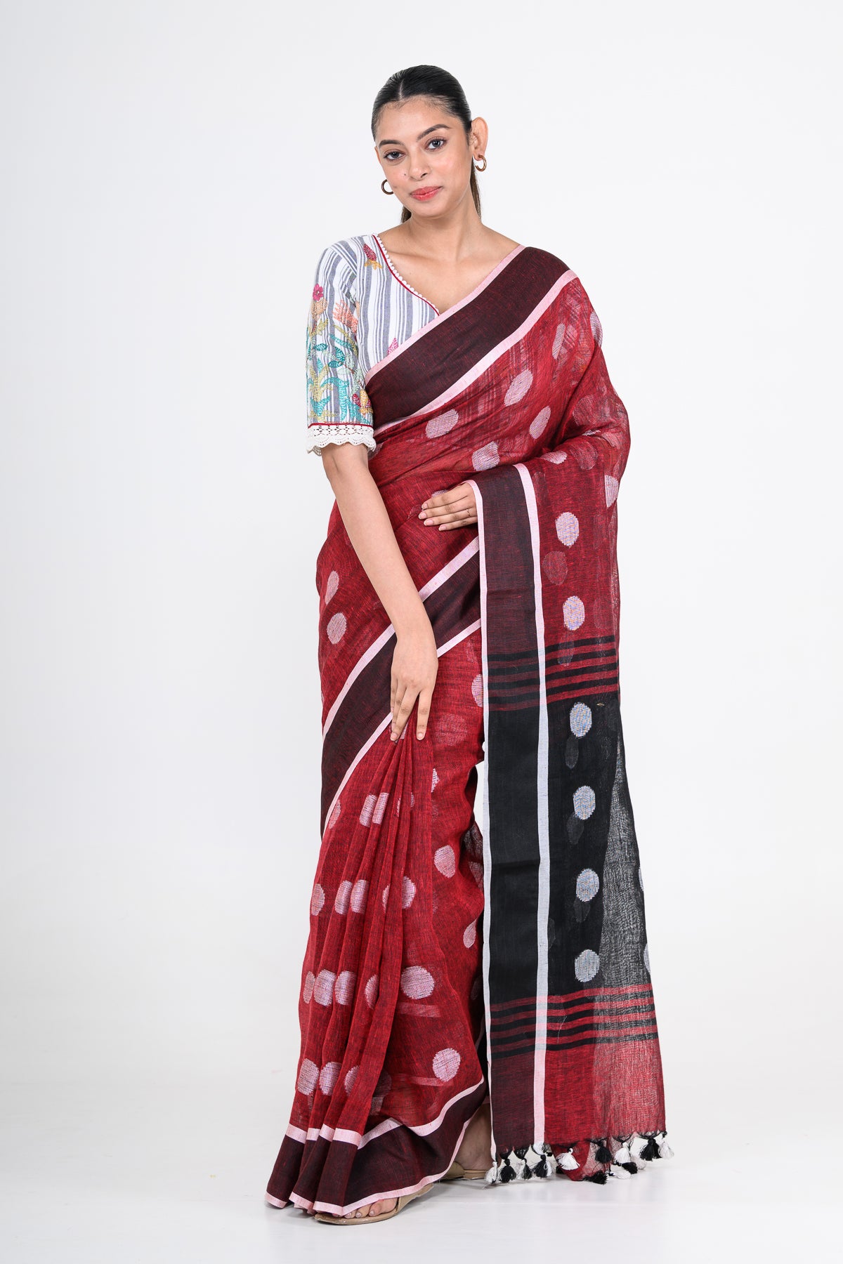 Red Pure Linen Polka Dot Handwoven Saree