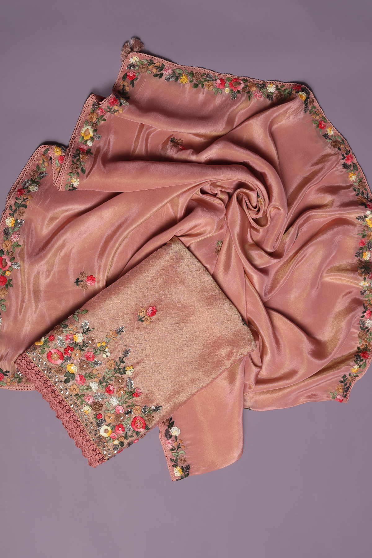 Peach Tissue Kurta Set with intricate Resham Embroidery
