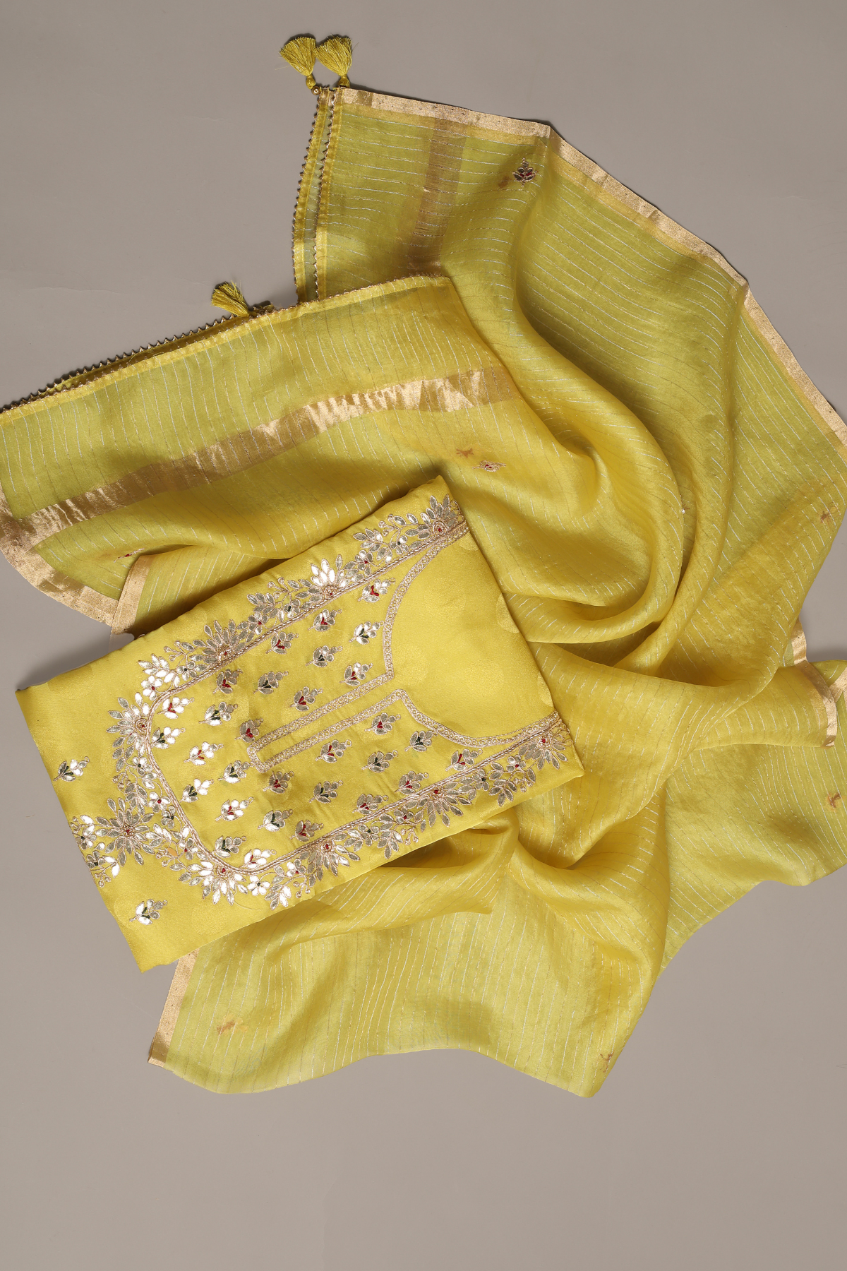 Lime Yellow Polka Tissue Set Embibed with Gota Dori Embroidery