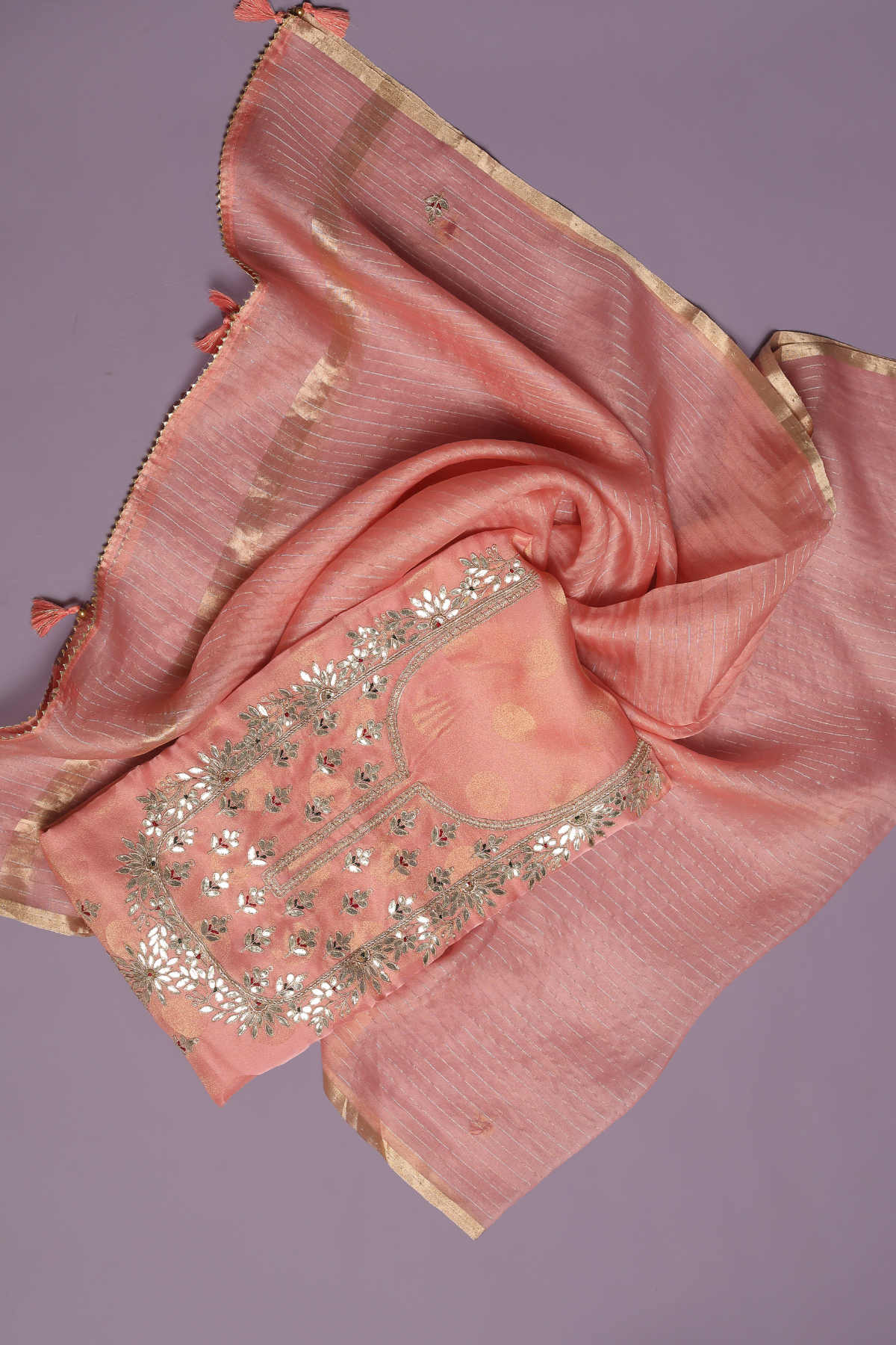 Polka Tissue Set Embibed with Gota Dori Embroidery in Peach