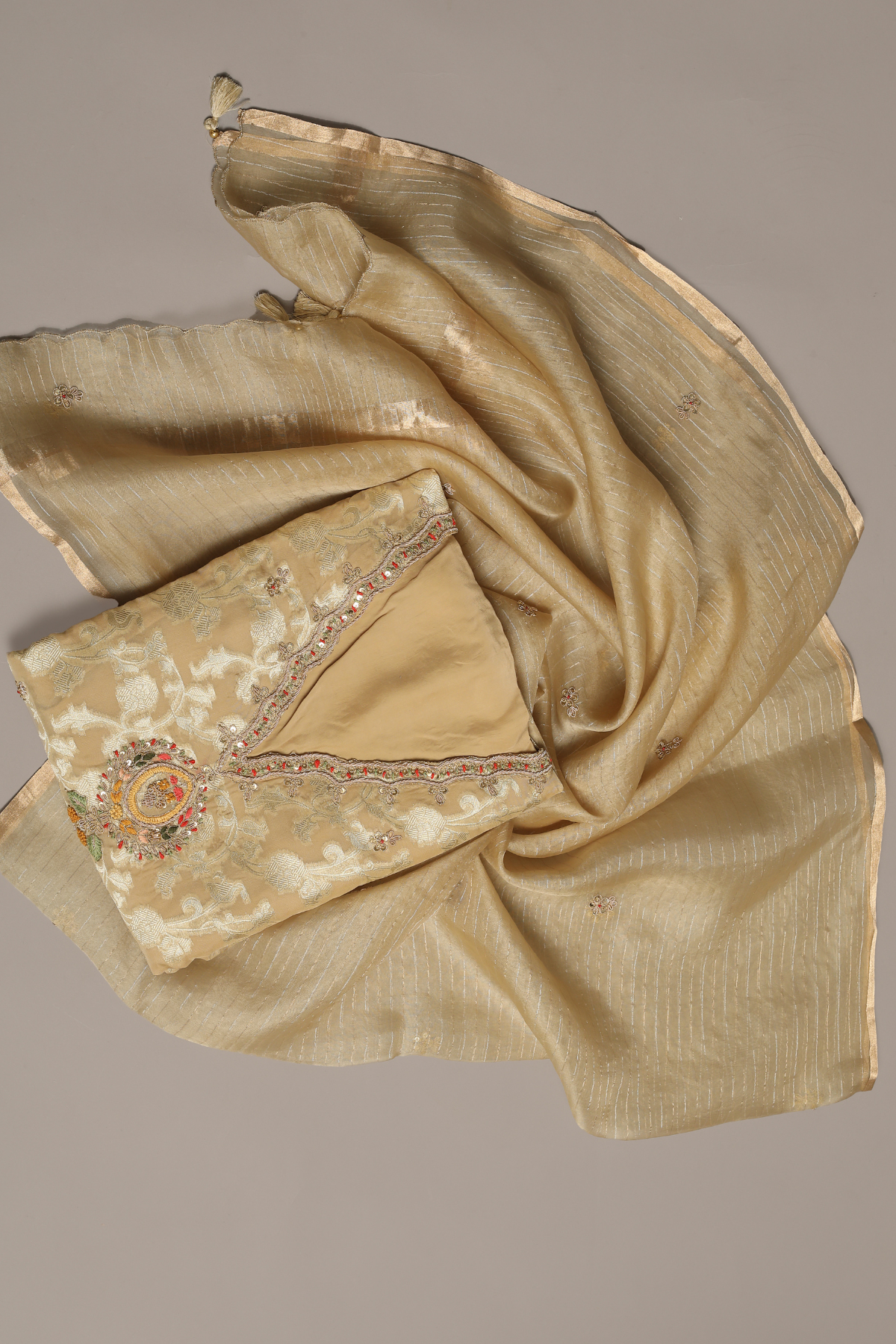 Beige Kurta Set with Zari Tissue Jaal Adorned with Zardozi Embroidery