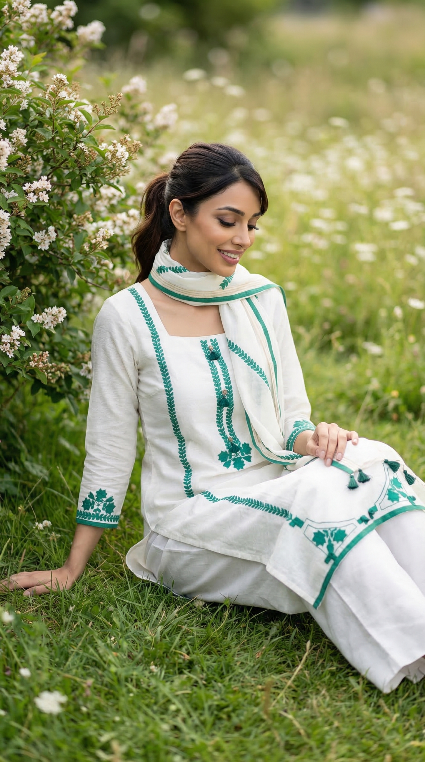 Feather White & Green Mul unstitched Kurta Set with Contrast Applique