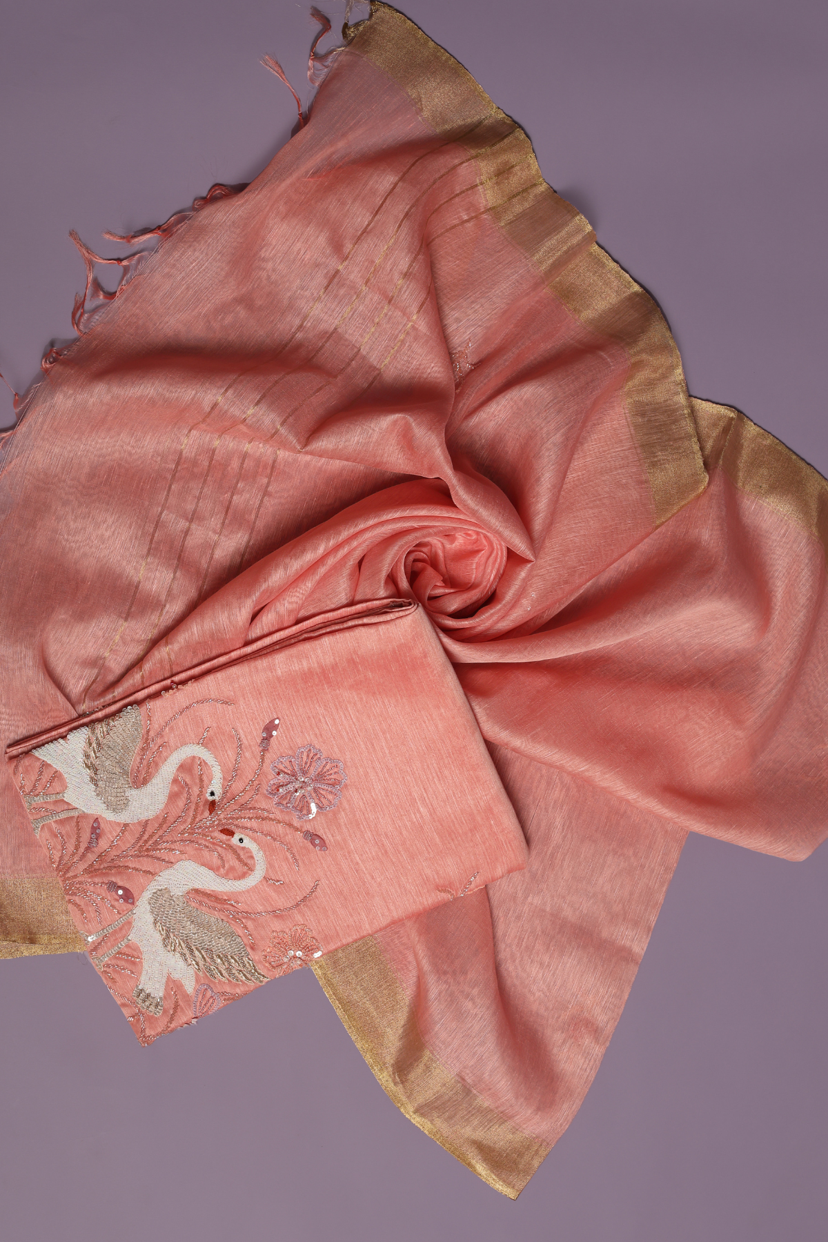 Peach Linen Kurta Set with Intricate Resham Embroidery with Pearls & Sequins