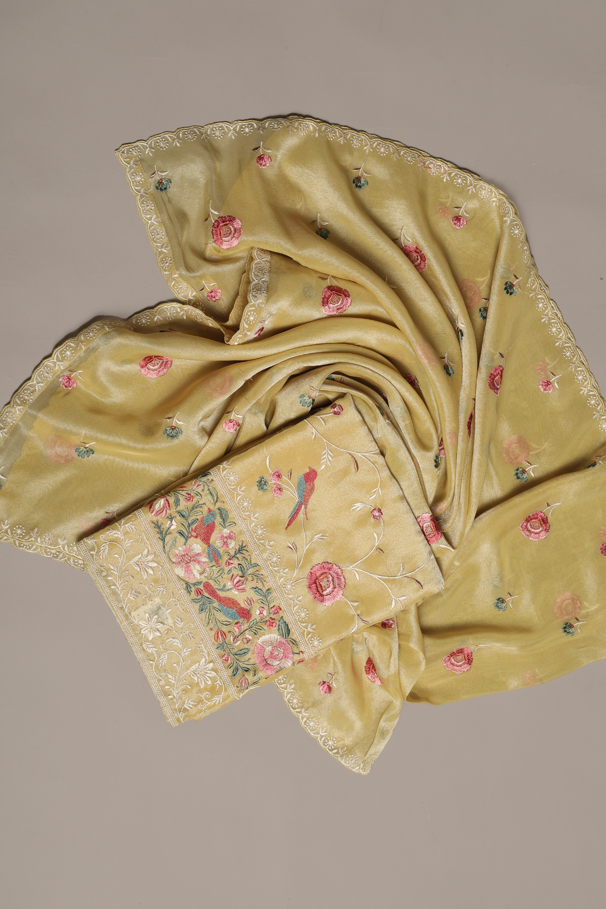 Yellow Soft Tissue Kurta Set with Meticulous Parsi Embroidery