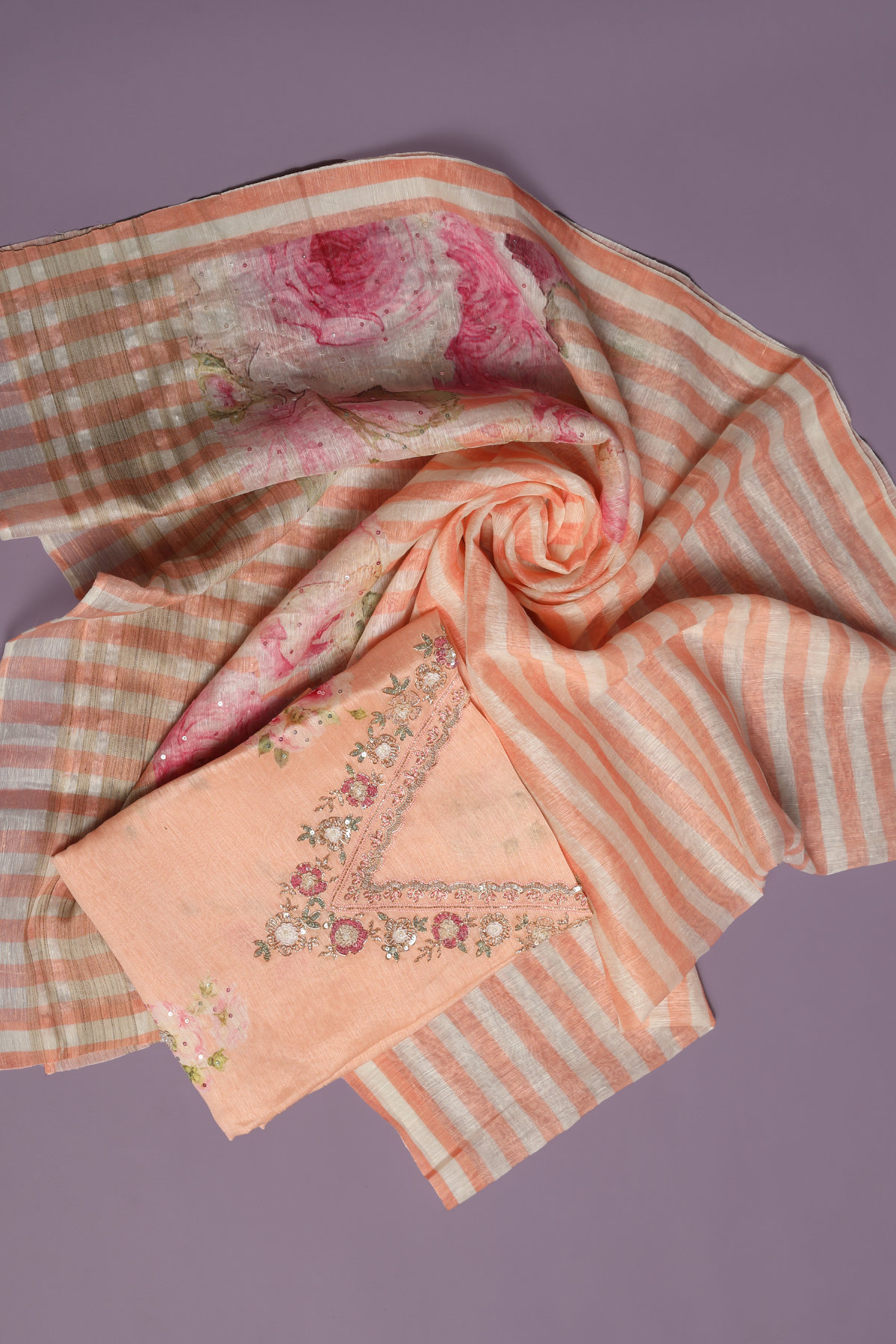 Peach Floral Printed Linen Kurta Set with Sequins & Intricate Hand Work