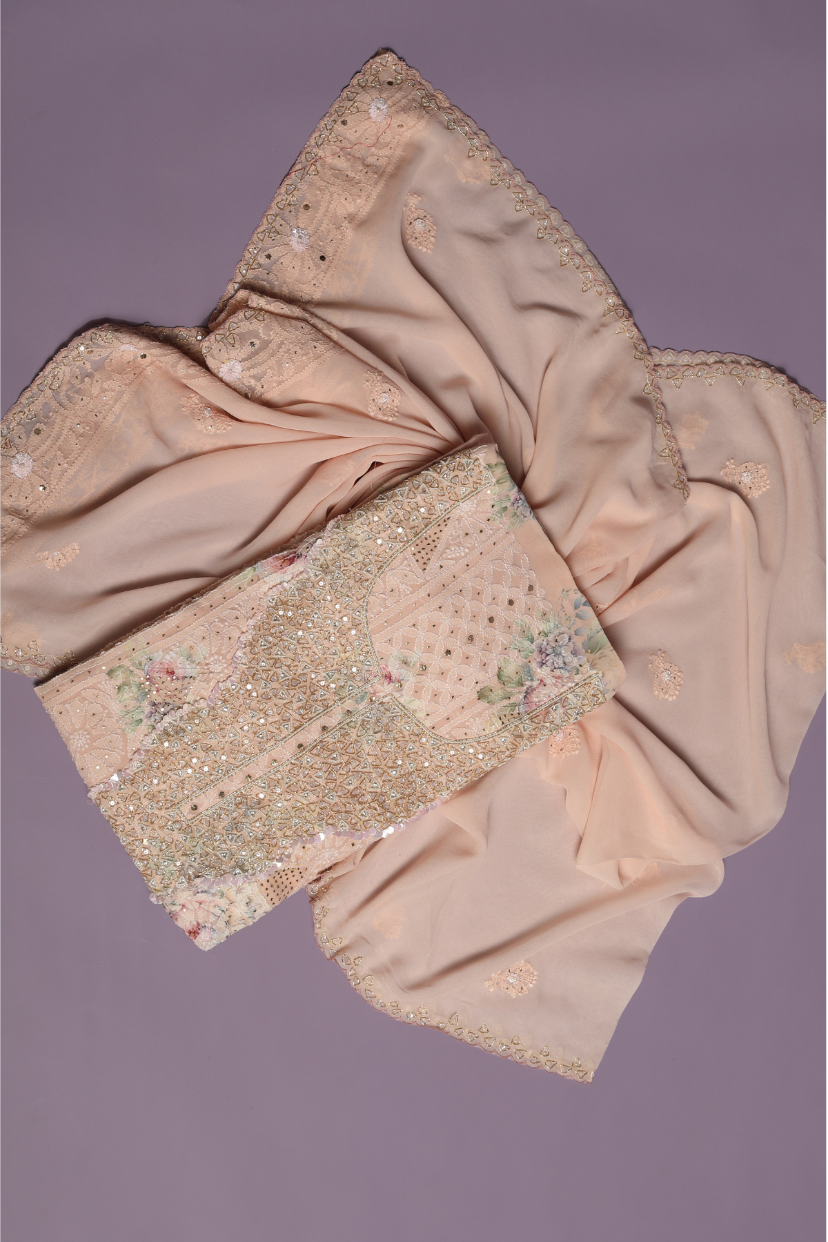 Floral Printed Georgette Chikankari Kurta Set Beautified with Zardozi Embroidery