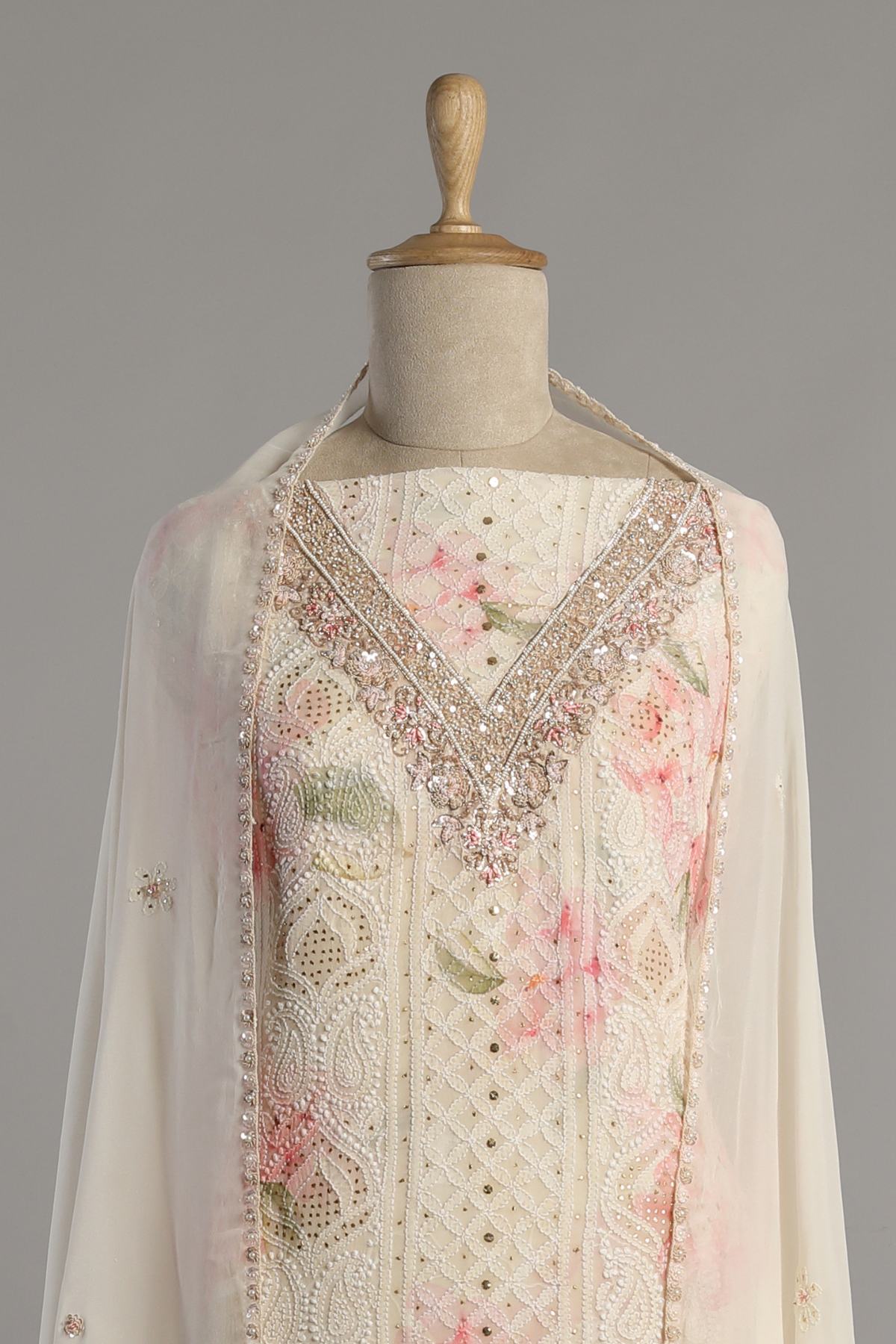 Off White Printed Georgette Chikankari Kurta Set Enhanced with Zardozi Neckline
