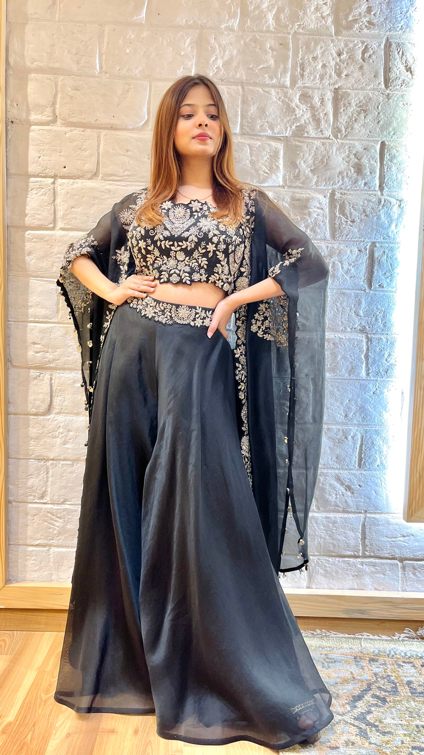 SHADOW SYMPHONY BLACK PANT LAHENGA ,CROP TOP AND SHOULDER CAPE ENSEMBLE