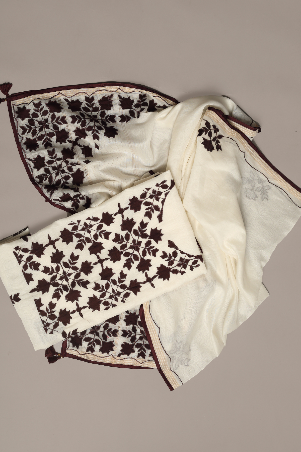 Pearl White & Brown Mul Kurta Set with Hand Applique