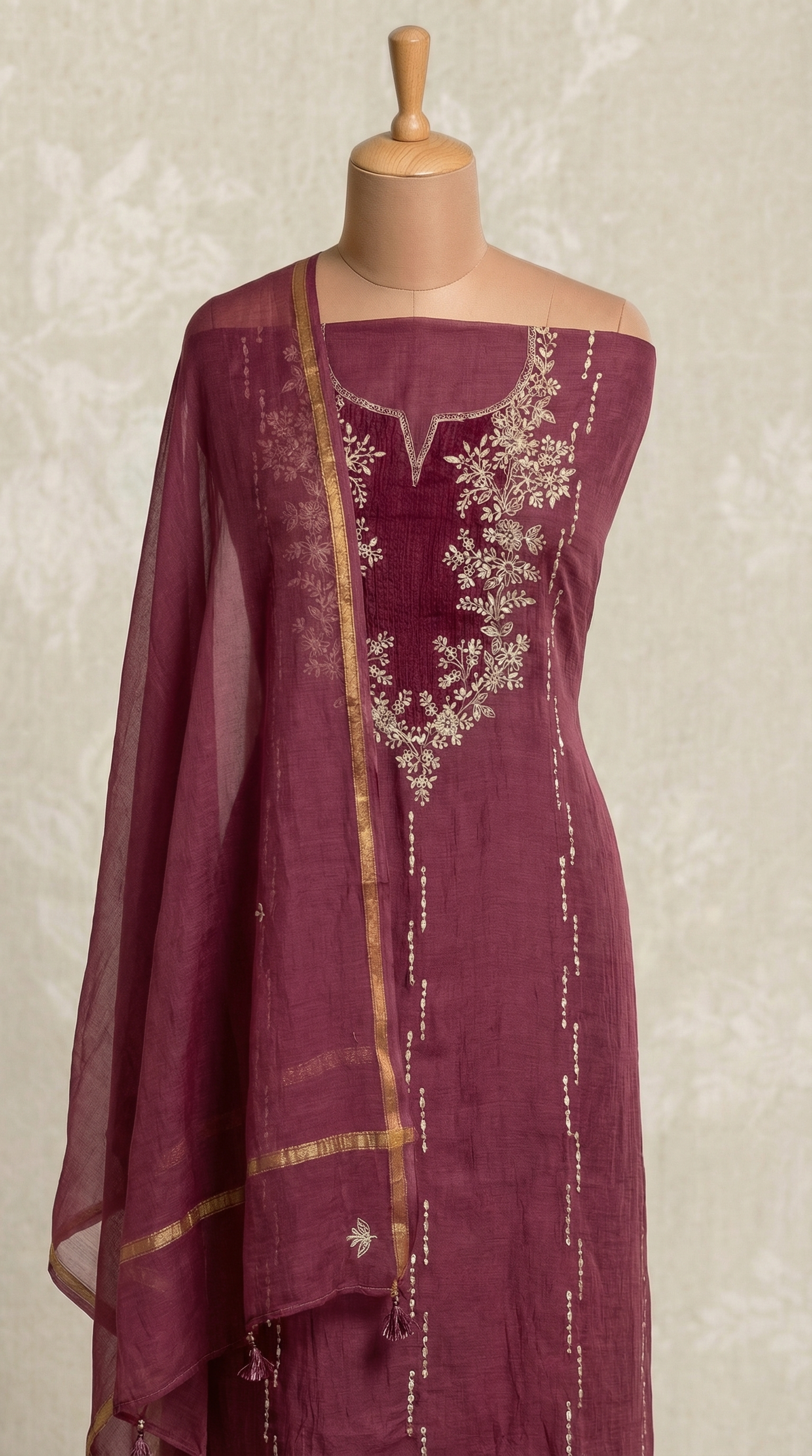 Plum Resham Embroidery Mul Mul Unstitched Suit Set