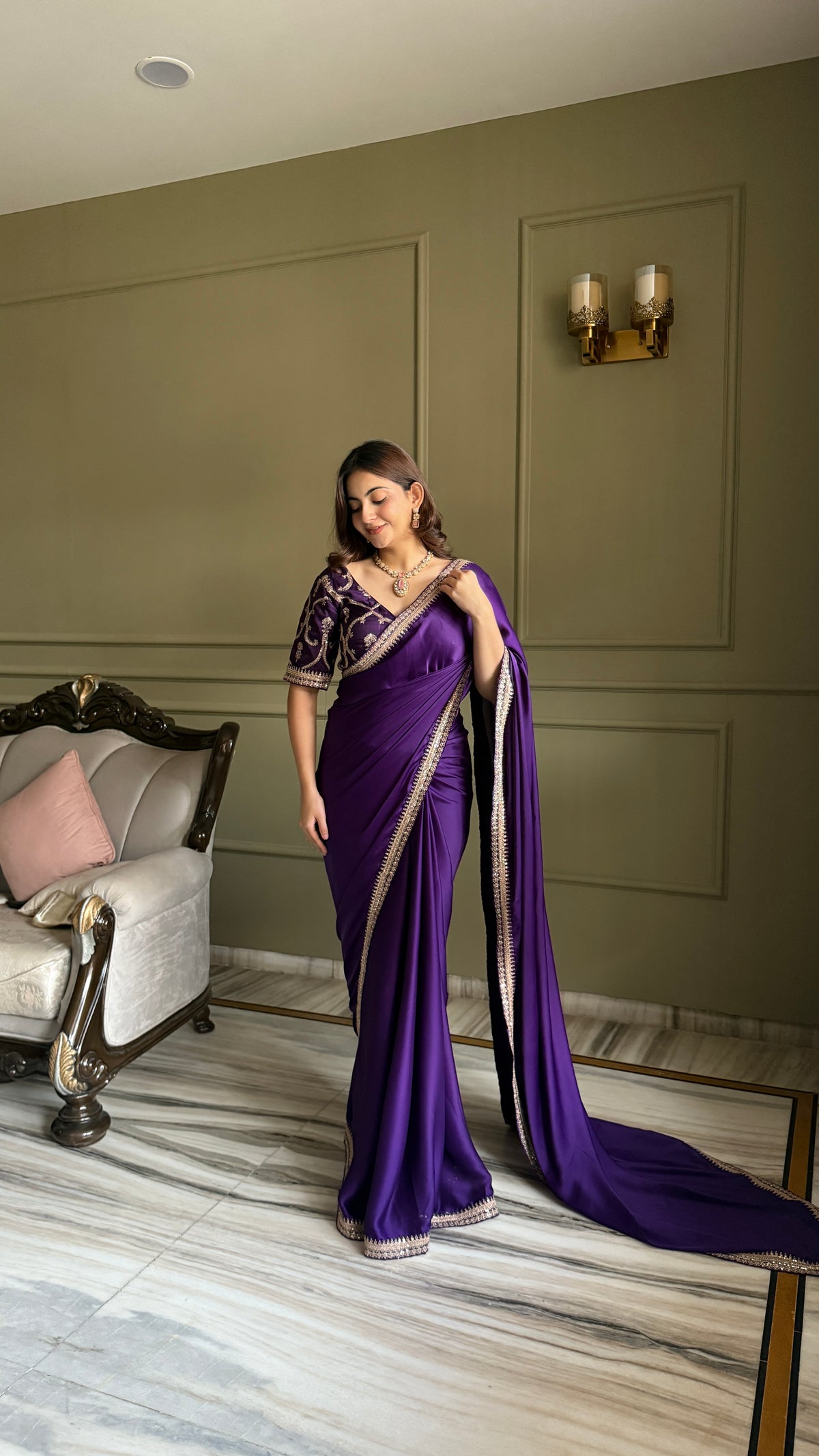 Deep Purple Satin Silk Saree With Blouse