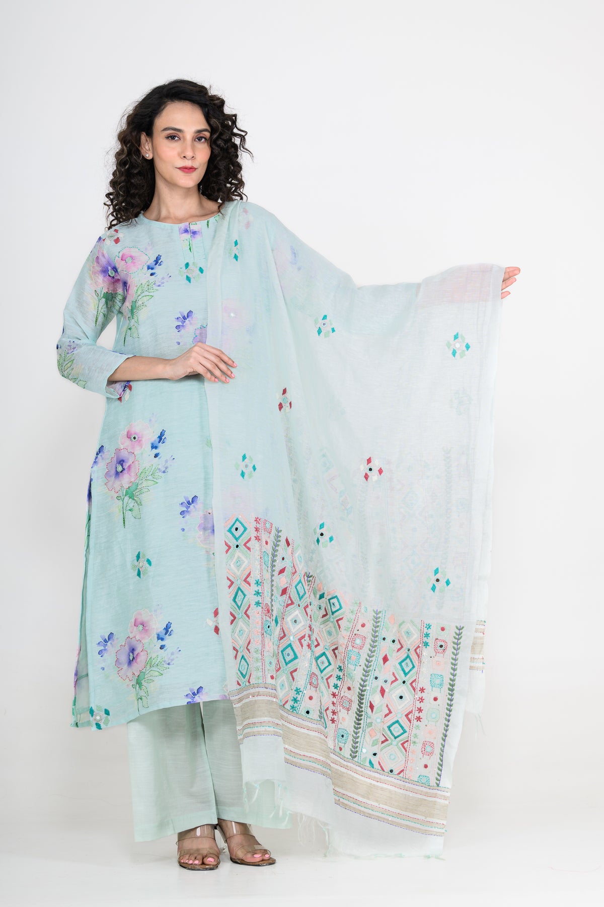 Sky Blue Pure Linen Kurta Set with Katha & Mirror Highlight